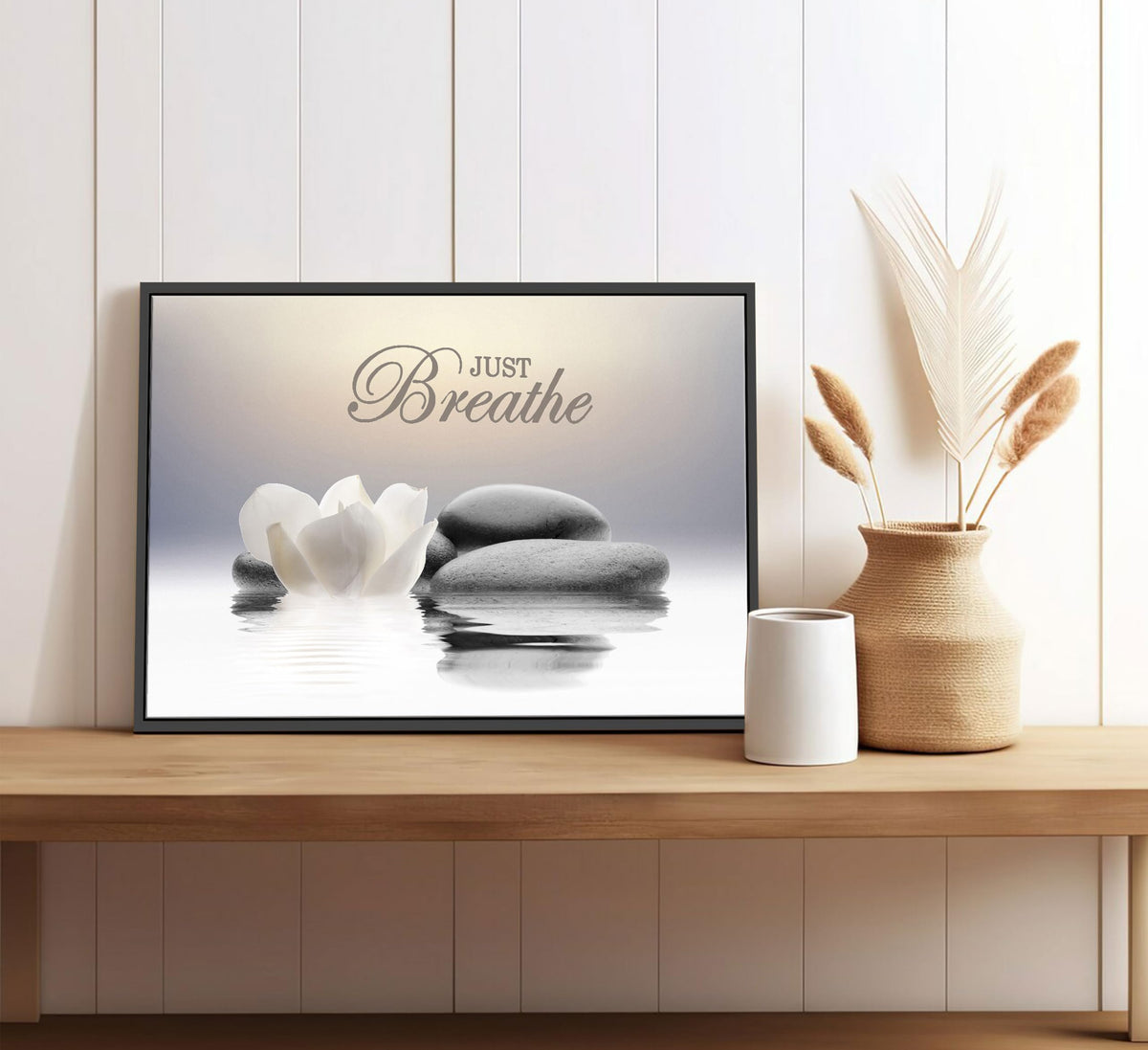 Framed Zen Stone Flower Wall Art White Lotus Just Breathe Yoga Quotes Picture Wall Decor Water Lily Stone Poster Print Artwork for Bathroom Yoga Room Spa Room Meditation Room Office Home Decoration (Framed Lotus / 24"L x 16"W)