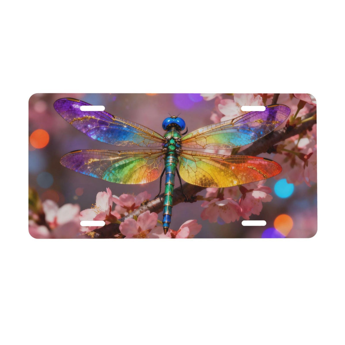 Colorful Dragonfly Plum Blossom Pink Flower Front License Plate Aluminum Decorative License Plates Metal Car Plate 6"X12" Novelty Vanity Tag Cover with 4 Holes Car Decor Accessory (White / 6 X 12 Inch)
