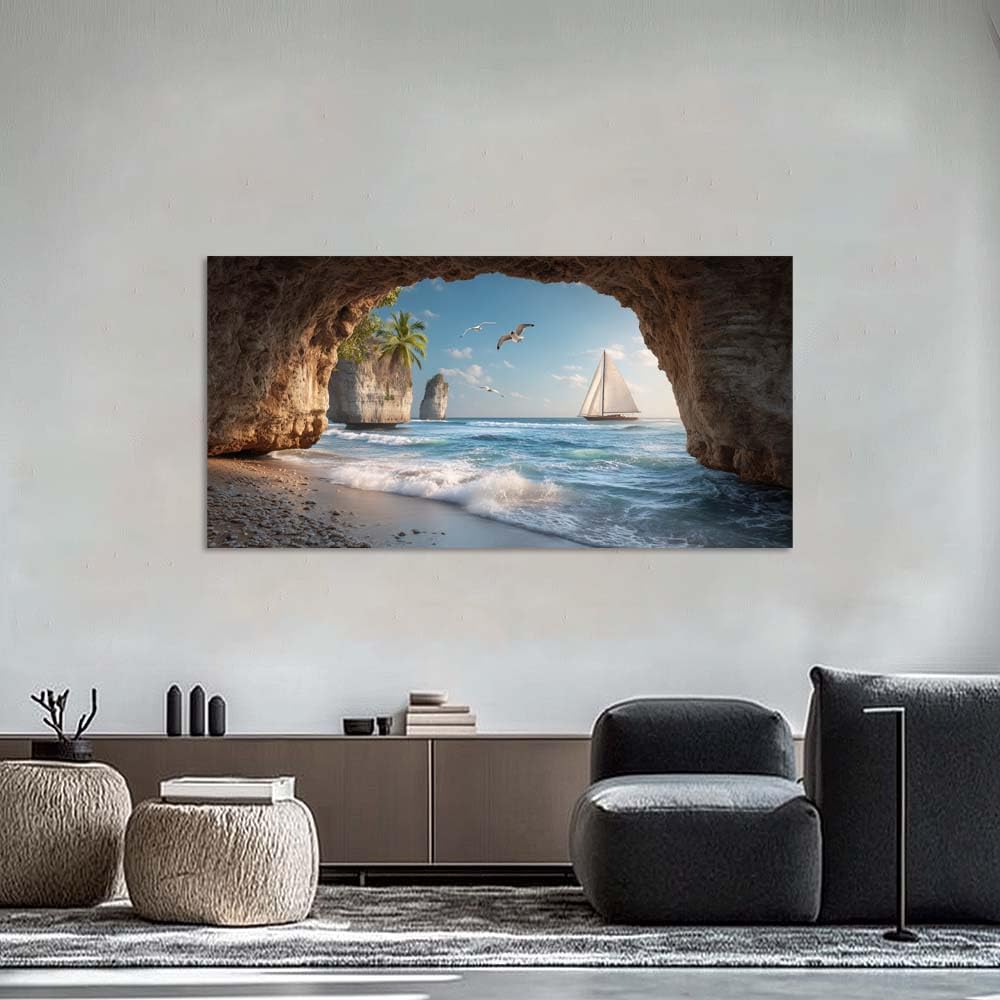 Scenic Ocean Cave View Canvas Wall Art Coastal Sailboat Tropical Island Beach Landscape Painting Gallery Wrapped Relaxing Nature Print Artwork for Living Room Bedroom Bathroom Decor (Coastal / Beach Cave Sailboat 34 / 58"L x 28"W)
