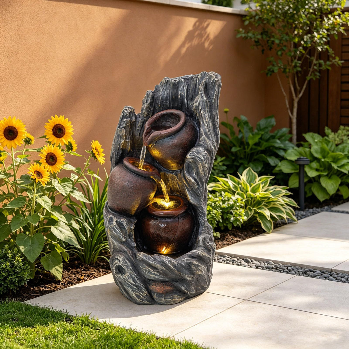 18.7" Resin Cascading Water Fountain Outdoor Indoor with LED Lights (18.7in Deed Tree Trunk & Jar)