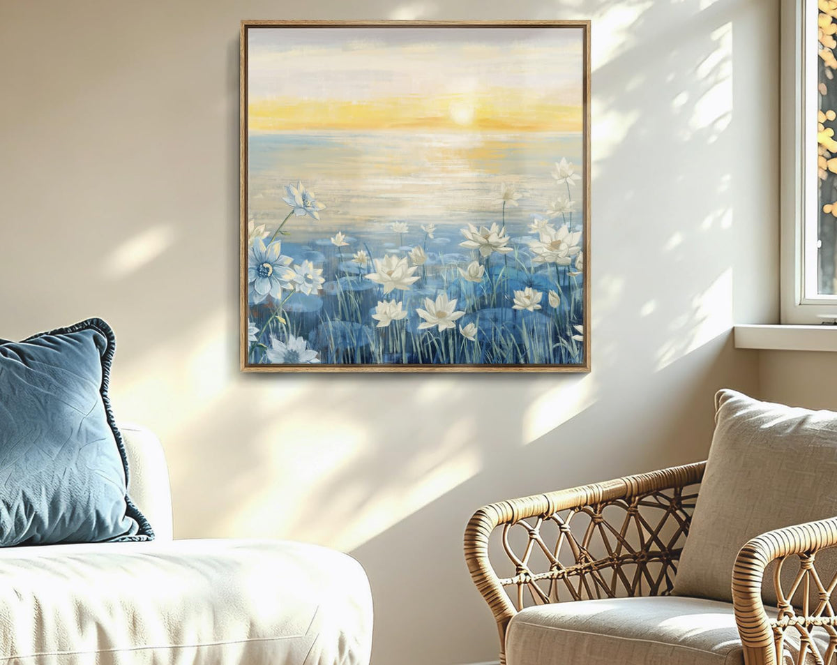 Bathroom Decor Wall Art Framed Canvas Wall Art Modern Beach Coastal Floral Sunset Boho Ocean Artwork Blue Yellow Lotus Flower Zen Wall Picture for Bedroom Kitchen Office Small (Sunrise Wall Art / 13.5"L x 13.5"W)