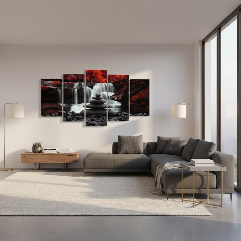 Black White Red Landscape Print Artwork for Living Room Red Tree Canvas Autumn Wall Art Zen Stones Waterfall Painting Picture Wall Decor Framed Ready to Hang (50"L x 24"W)