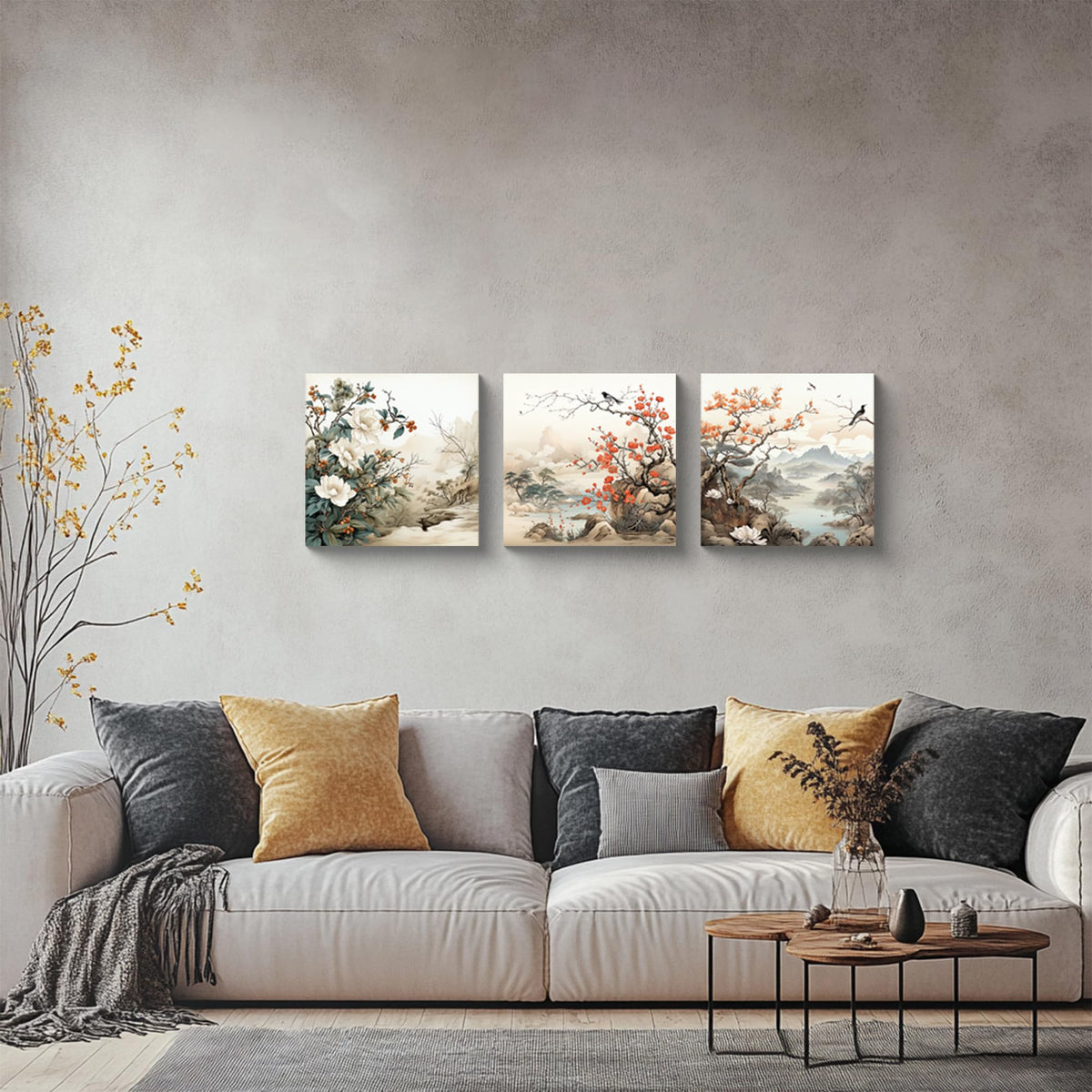 Traditional Chinese Decor Oriental Flowers Birds Canvas Wall Art for Bedroom Floral Wall Decor Framed Artwork Vintage Prints Paintings for Bathroom Kitchen Decorations (Flower and Birds / 12x12 inches (3 pieces))