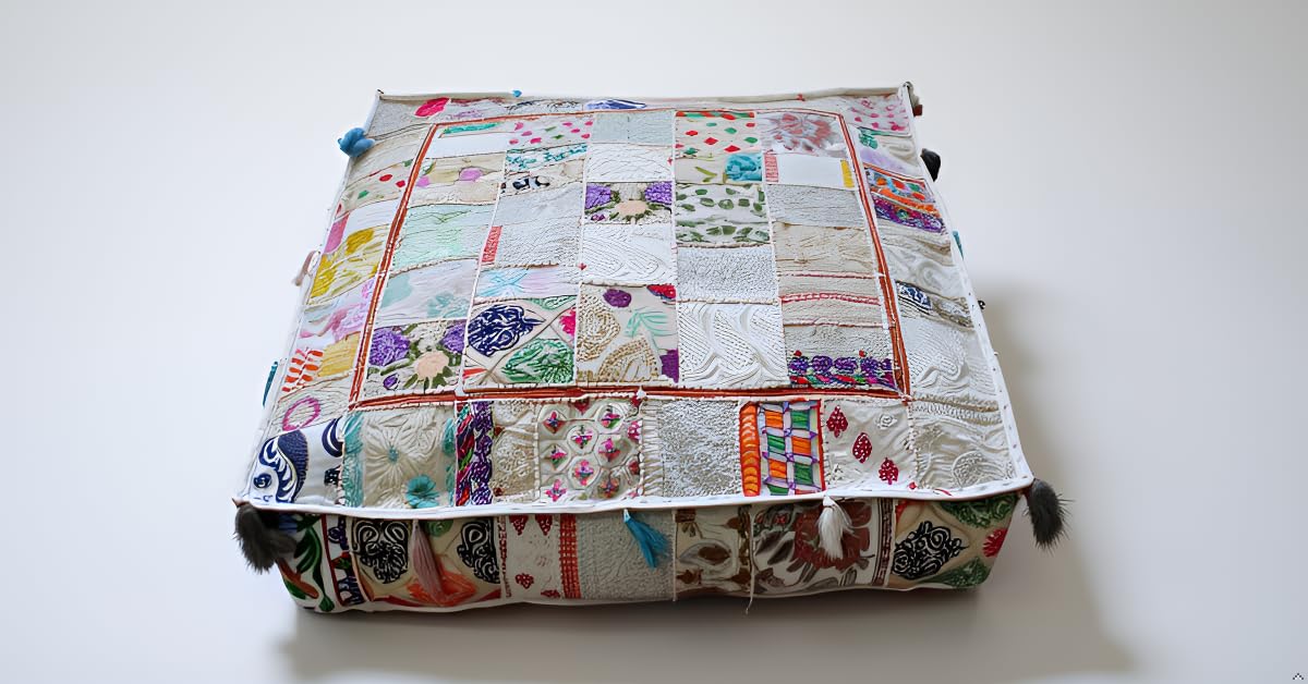 Indian Square Patchwork Traditional Pouf Cover Indian Living Room Poufs Decorative Embroidered Designer Ottoman Home Living Footstool Chair Cover Decor Pillow Cover 35 inches (35"D x 35"W x 5"H / Off White)