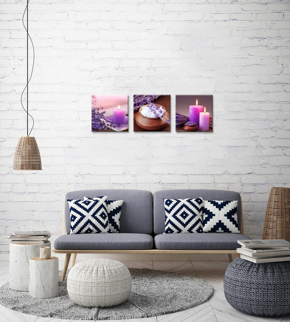 Zen Canvas Wall Art Spa Still Life with Purple Aromatherapy Candles and Zen Stone Aroma Lavender Flower Painting Pictures Print on Canvas Ready to Hang for Bathroom Decoration (14X14inchX3pcs / aromatherapy)