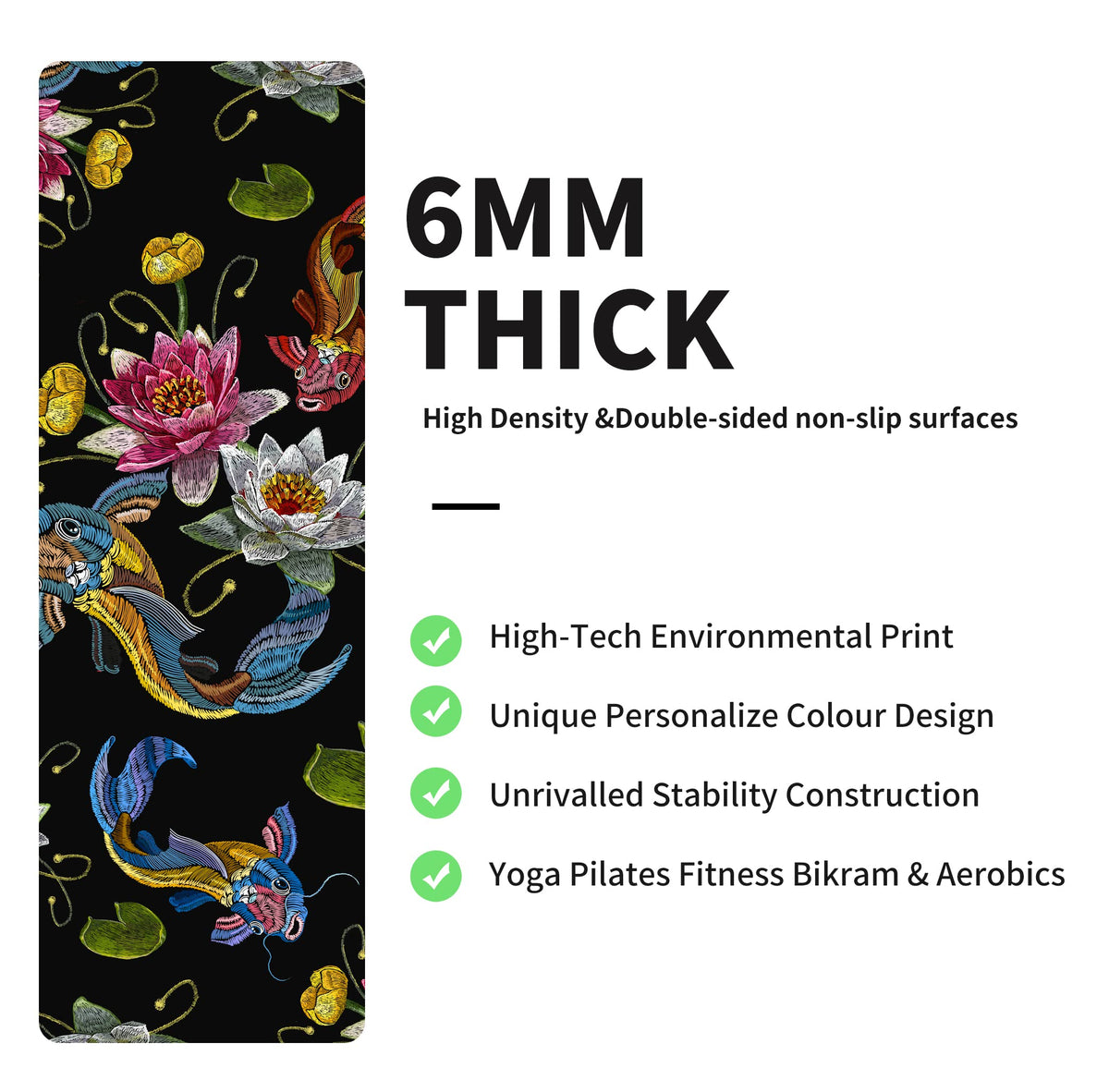 Yoga Mat Print Extra Thick TPE Non Slip Fitness Exercise Mat with Carrying Bag (Koi)
