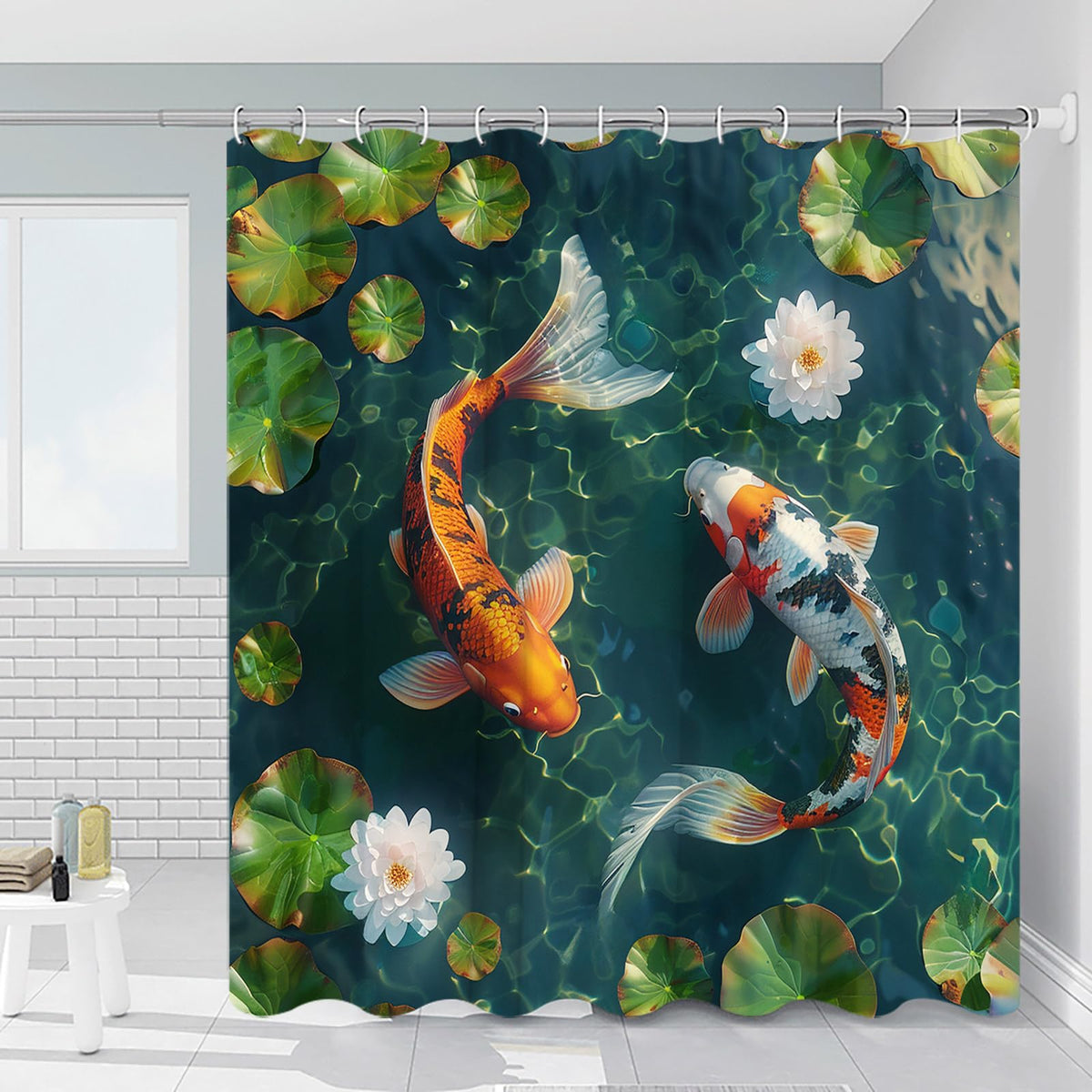 Japanese Fishes Shower Curtain Oriental Traditional Carp 60 x 70 in (Green Orange / 150x180cm/60x70in)