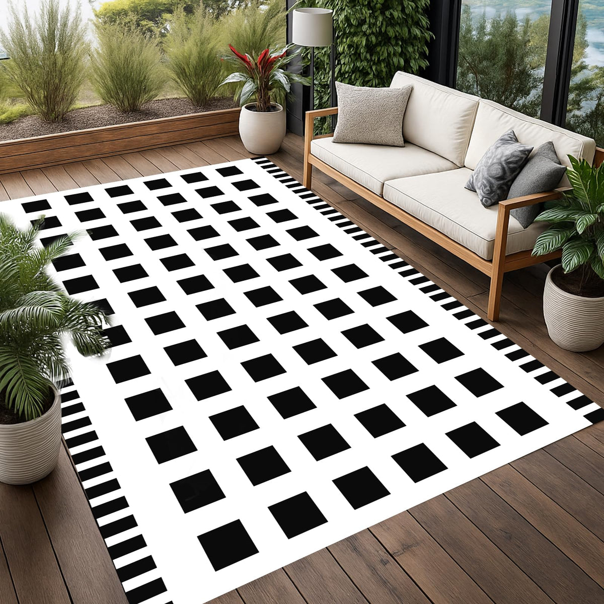 Checkered Reversible Outdoor Rug 4x6 FT Black White Patio RV Backyard (Horizontal Edge Check / 4x6 Feet)