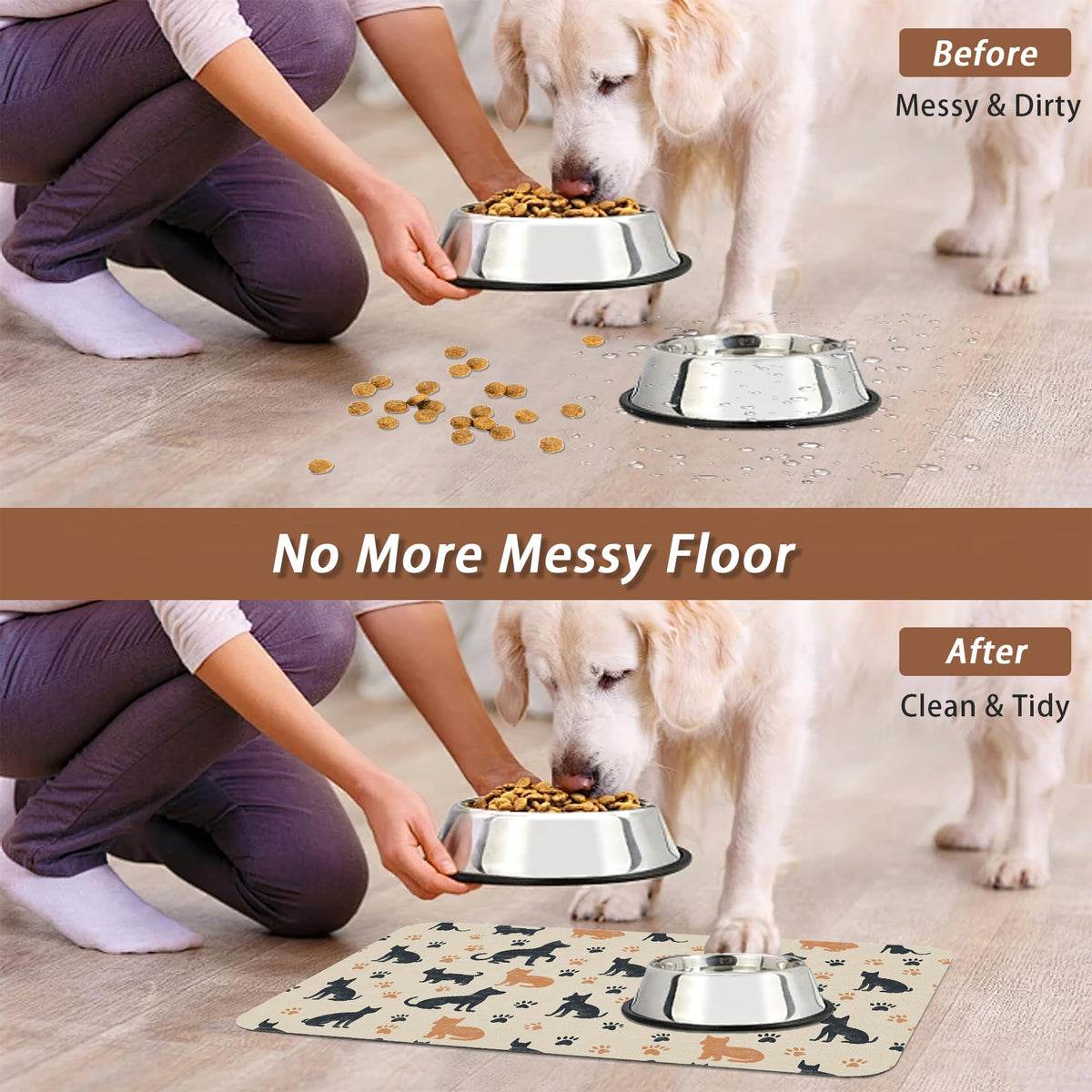 Cute Cat Paw Prints Dog Food Mat for Floors (20"L x 20"W / Cute Cat Dog Paw Boho)