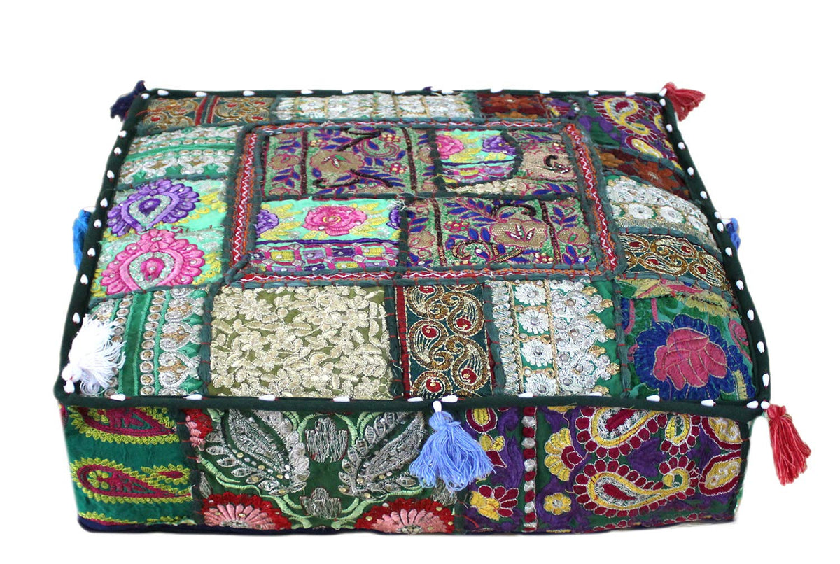 Indian Square Patchwork Traditional Pouf Cover Indian Living Room Poufs Decorative Embroidered Designer Ottoman Home Footstool Chair Cover Decor Pillow Cover 16x16x5 inches (16"D x 16"W x 5"H / Dark Green)