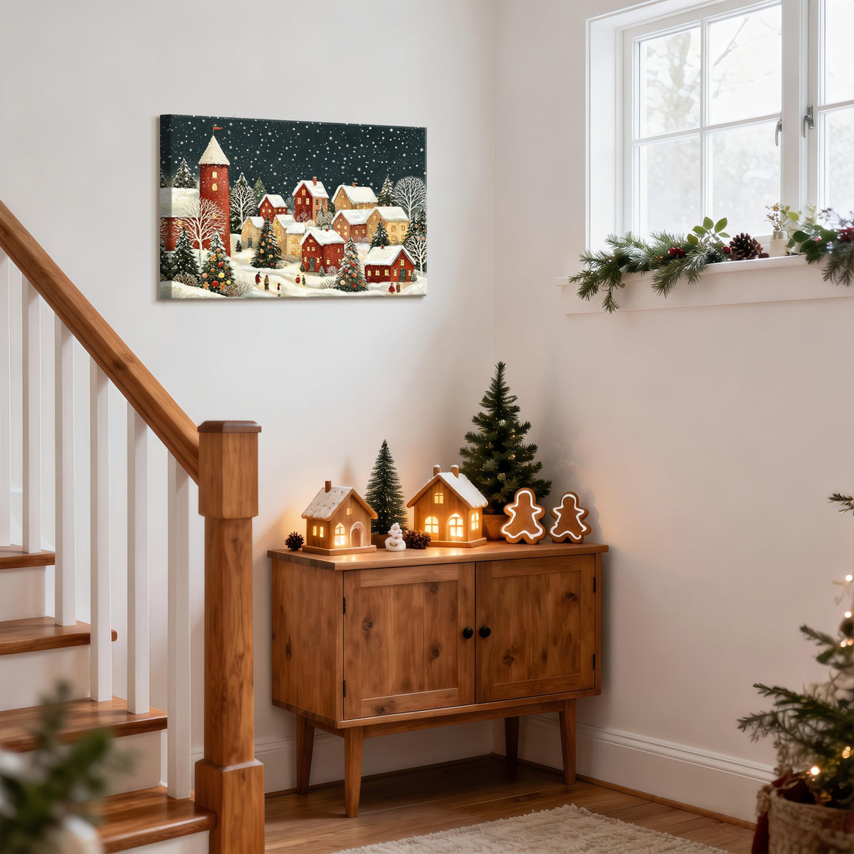Vintage Christmas Winter Village Canvas Wall Art 16"x24" (Red Snow Town / 24"L x 16"W)