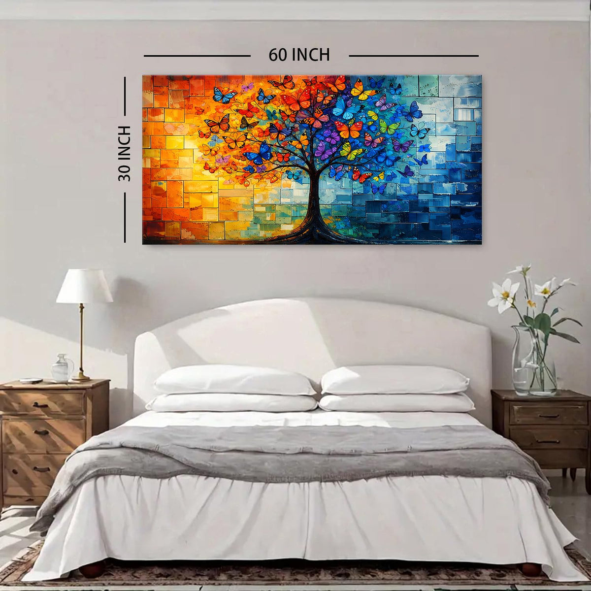Colorful Butterfly Trees Wall Art Tree of Life Picture Wall Decor Large Living Room Wall Decoration (60"L x 30"W / Tree of Life)