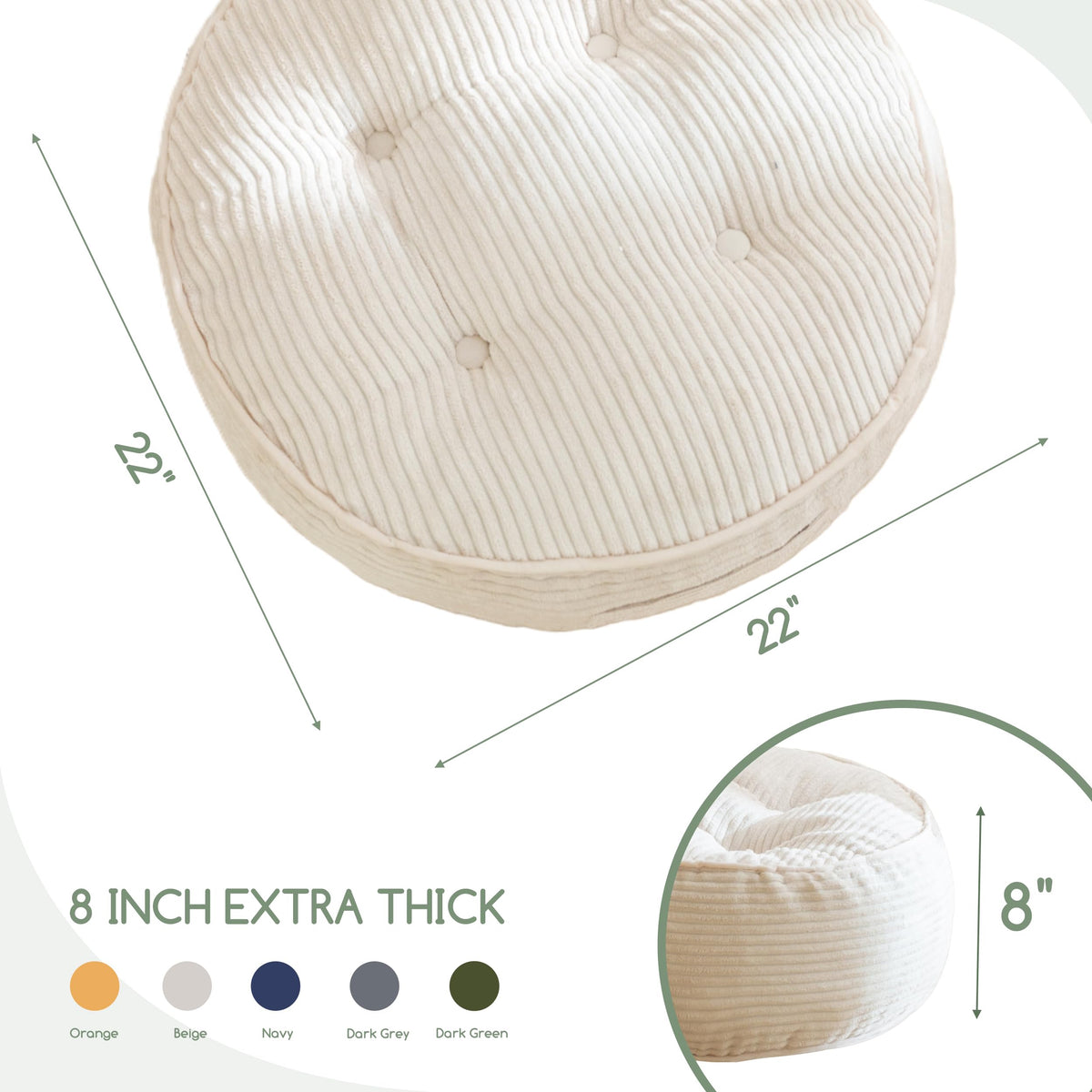 8" Extra Thick Floor Pillow Cushion for Adults (Round Beige / 8" Thick(Pack of 1))