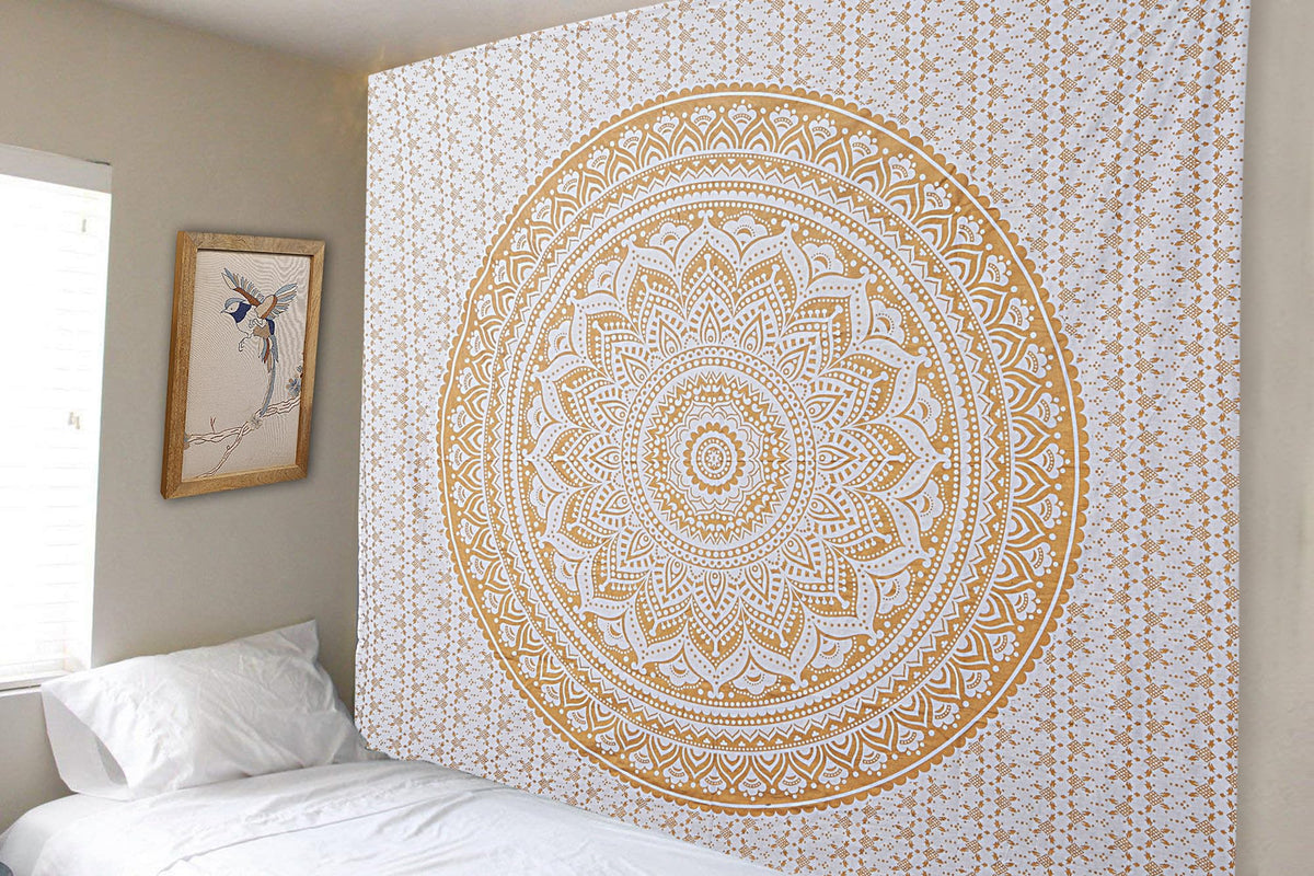 Handmade Cotton Mandala Wall Tapestry (White Gold / 108"L x 90"W)