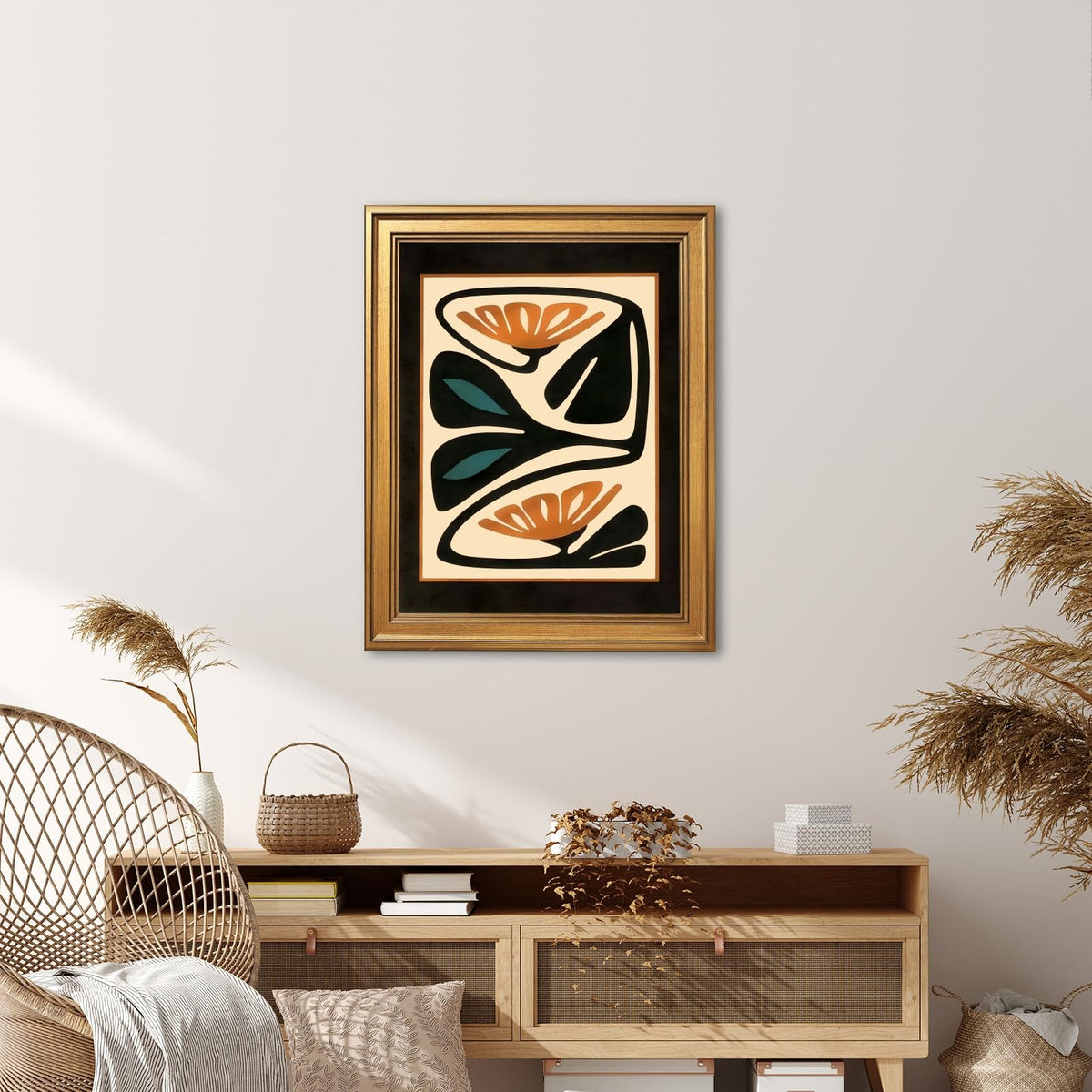 Framed Mid Century Modern Floral Wall Art Canvas Print Abstract Retro Flower Pictures Wall Decor Burnt Orange Teal Botanical Poster Contemporary Artwork for Living Room Bedroom Office 12x16inch Gold (12"L x 16"W / Style-4 Retro Gold Frame)