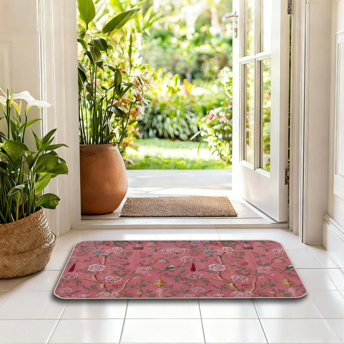 Pink Chinoiserie Bird Floral Door Mat (Pink)