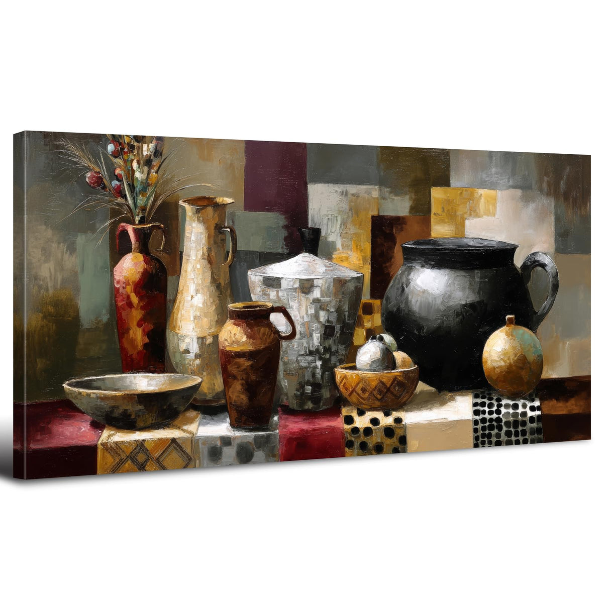 Vintage Dining Room Geometric Wall Art Abstract Antique Crocks Picture Kitchen Art Farmhouse Neutral Wall Decor Brown Vases Flower Painting Mid Century Modern Artwork Living Room Decorations 20x40" (40"L x 20"W / Jar)
