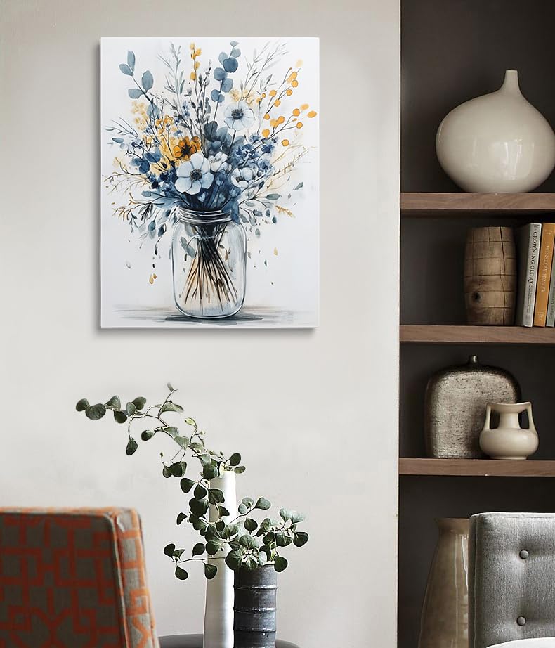 Framed Navy Blue Prints Vintage Daisy Floral Picture Wall Decor Gift Modern Poster Retro Simple Rustic Flower Canvas Wall Art Wildflower Painting for Living Room Bathroom Artwork (Floral / 16"L x 12"W)