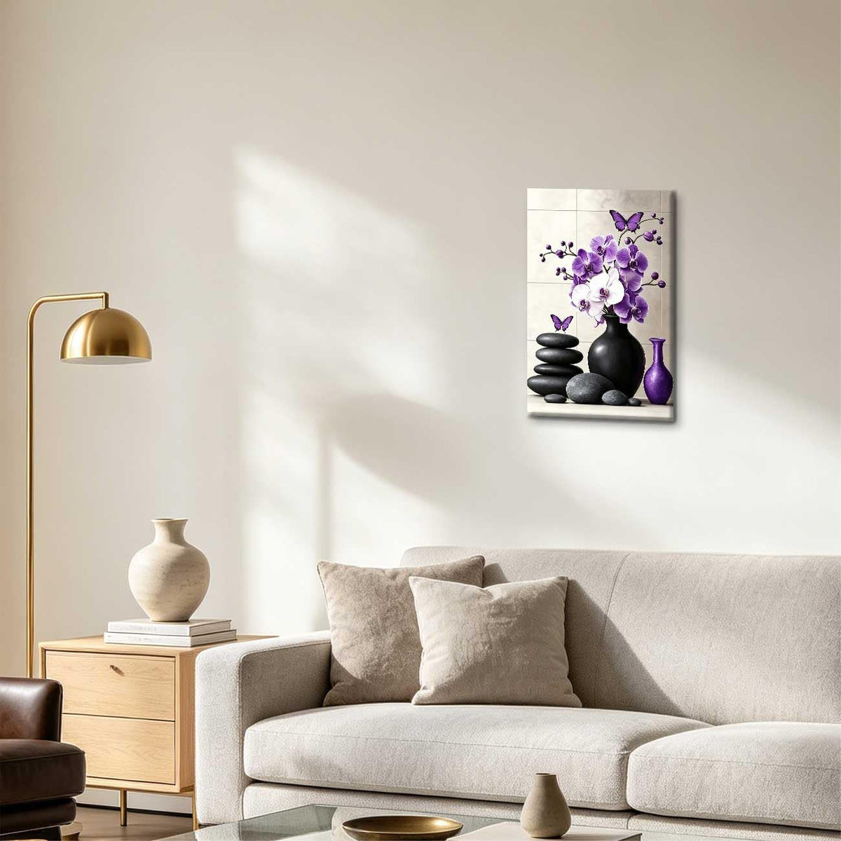 Orchid Flower Canvas Wall Art Zen Bathroom Pictures Prints Spa Stone Butterfly Wall Decor Black White Yoga Meditation Paintings for Living Room Bedroom (Purple / 18"L x 12"W)