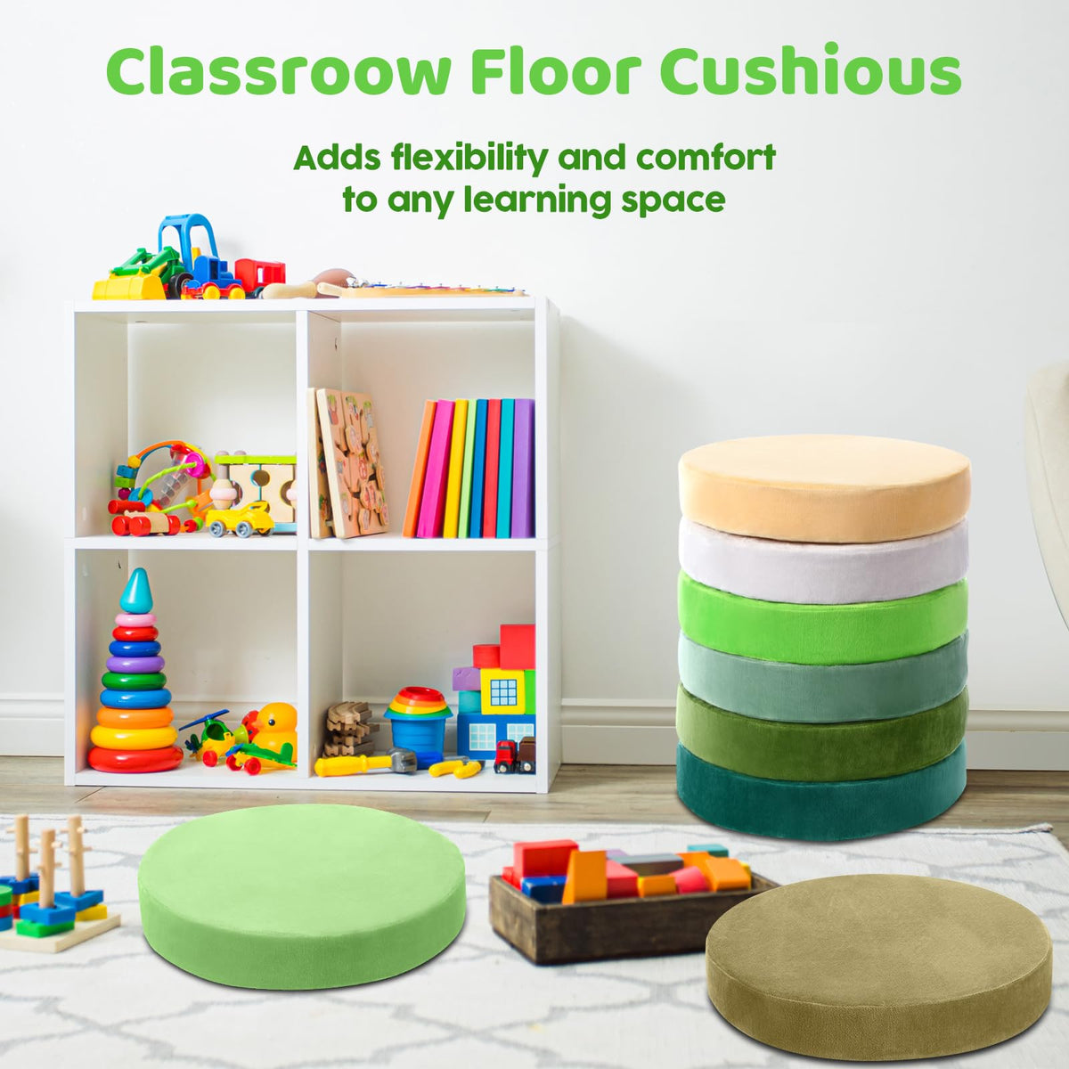 8 Pcs Round Floor Pillow Cushions for Kids Classroom 15'' Soft Flexible Seating Classroom Elementary Extra Thick Floor Cushions for Daycare Kindergarten Reading Corner Library (Forest Green)