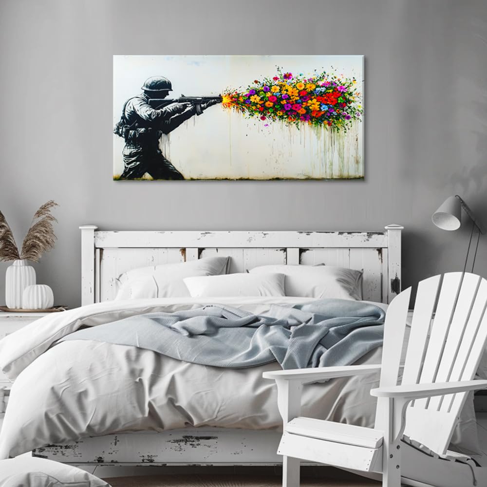 Black Soldier with Colorful Flower Wall Art for Living Room Office Peaceful Urban Contemporary Painting Prints Banksy Style Canvas Artwork Dining Bedroom Decor Extra Large (Contemporary / Colorful Soldier Flower Wall Art / 58"L x 28"W)