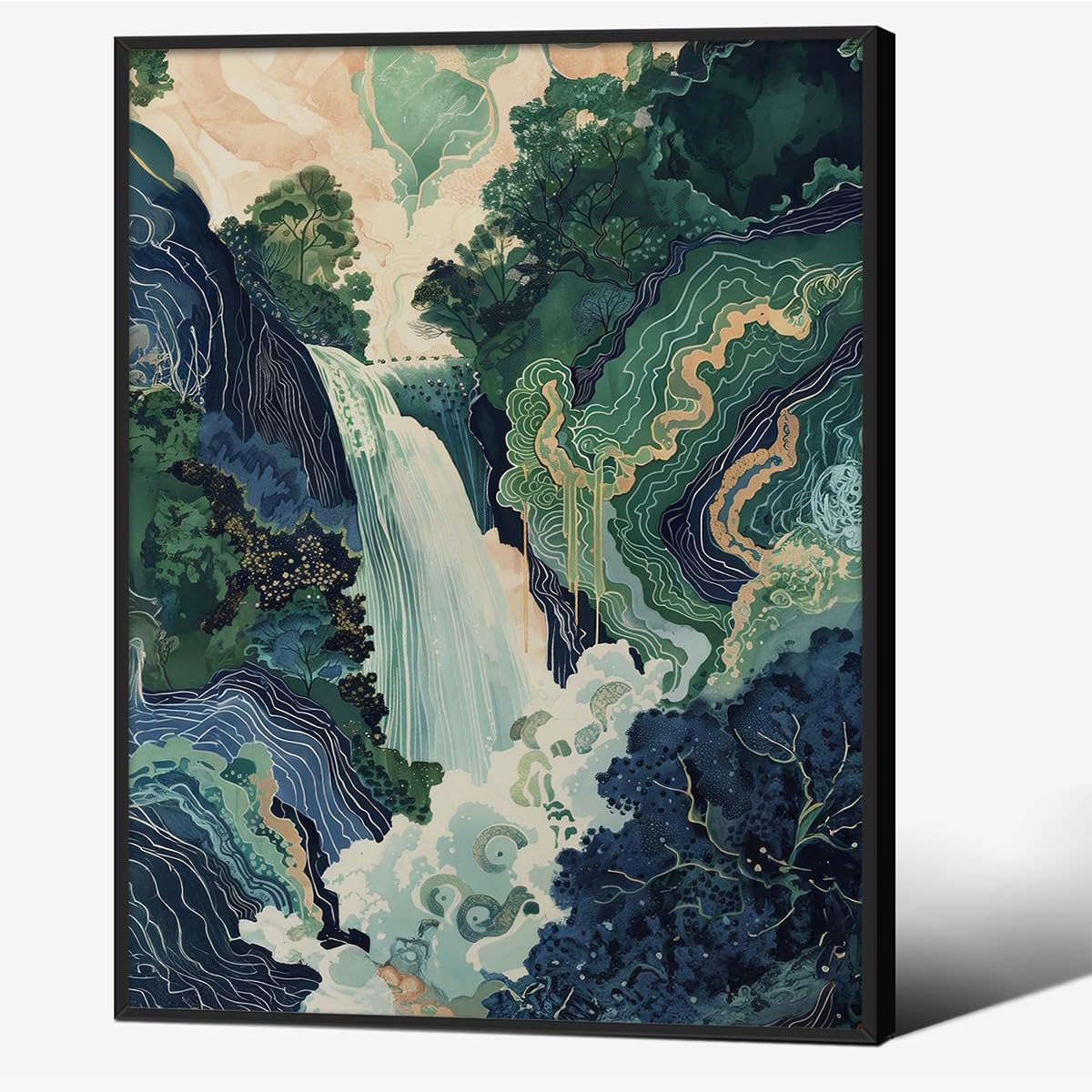 Japanese Landscape Black Framed Prints Poster Abstract Nature Mountain Canvas Wall Art 16x20 inch Vintage Asian Waterfall Painting Ukiyo (Black Framed / Japanese Painting / 20"L x 16"W)