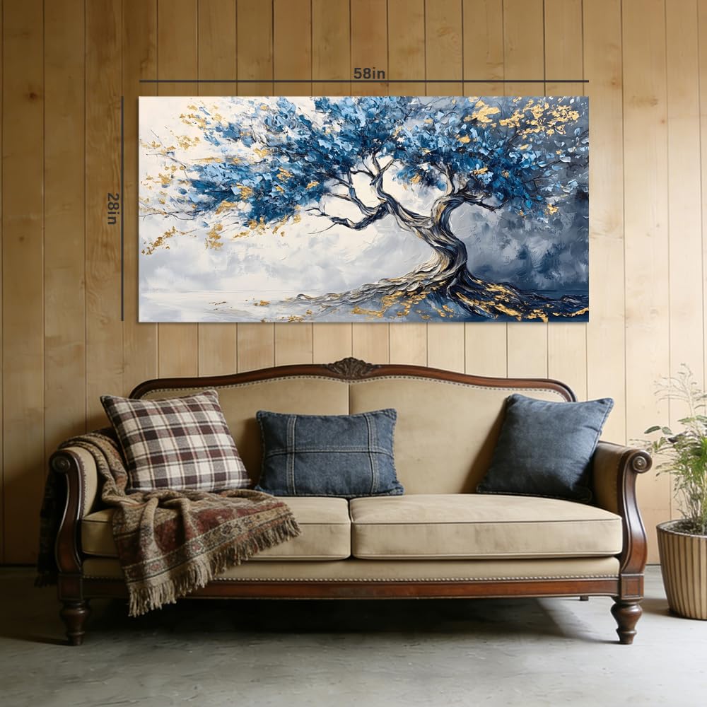 Blue and Gold Tree of Life Canvas Wall Art Modern Abstract Botanical Painting Flat Print Gallery Wrapped Artwork for Living Room Bedroom Bathroom Decor (Bohemian / White Tree of Life 28 / 58"L x 28"W)