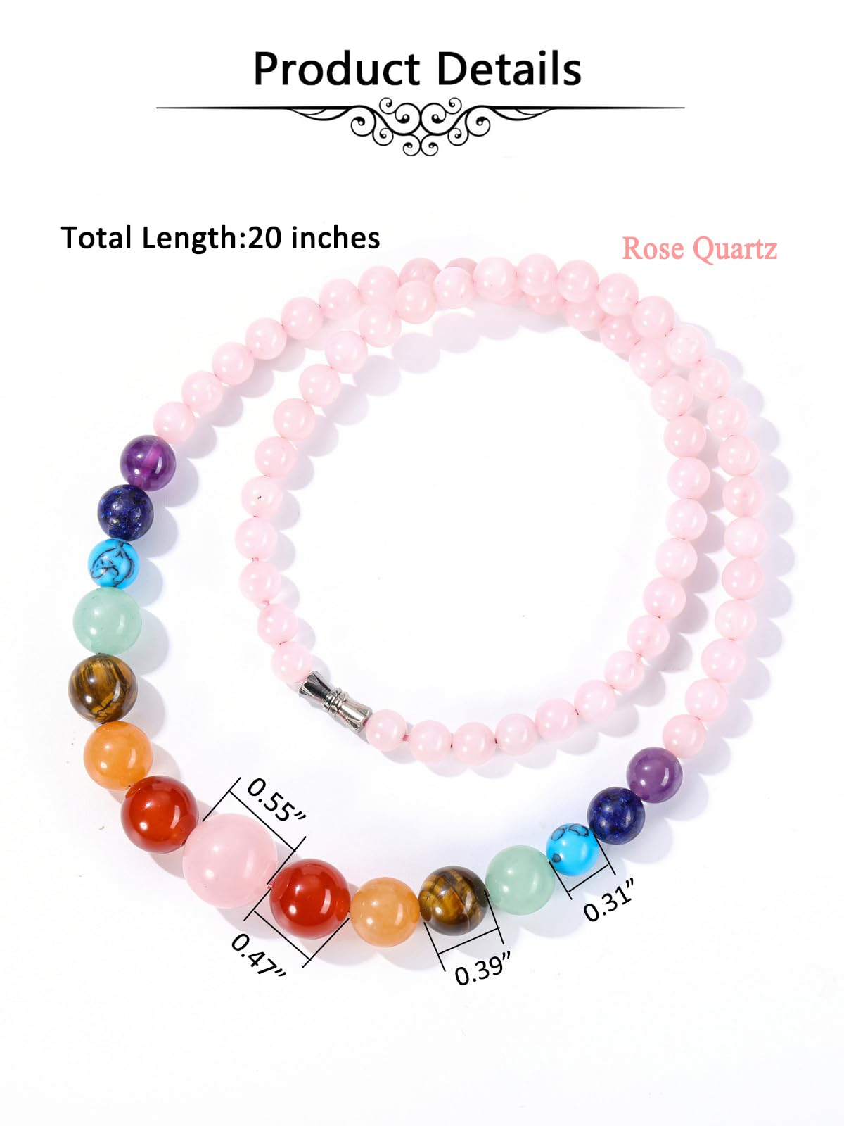 Natural 7 Chakra Gemstone Rose Quartz Necklace for Women (Rose Quartz Crystal)