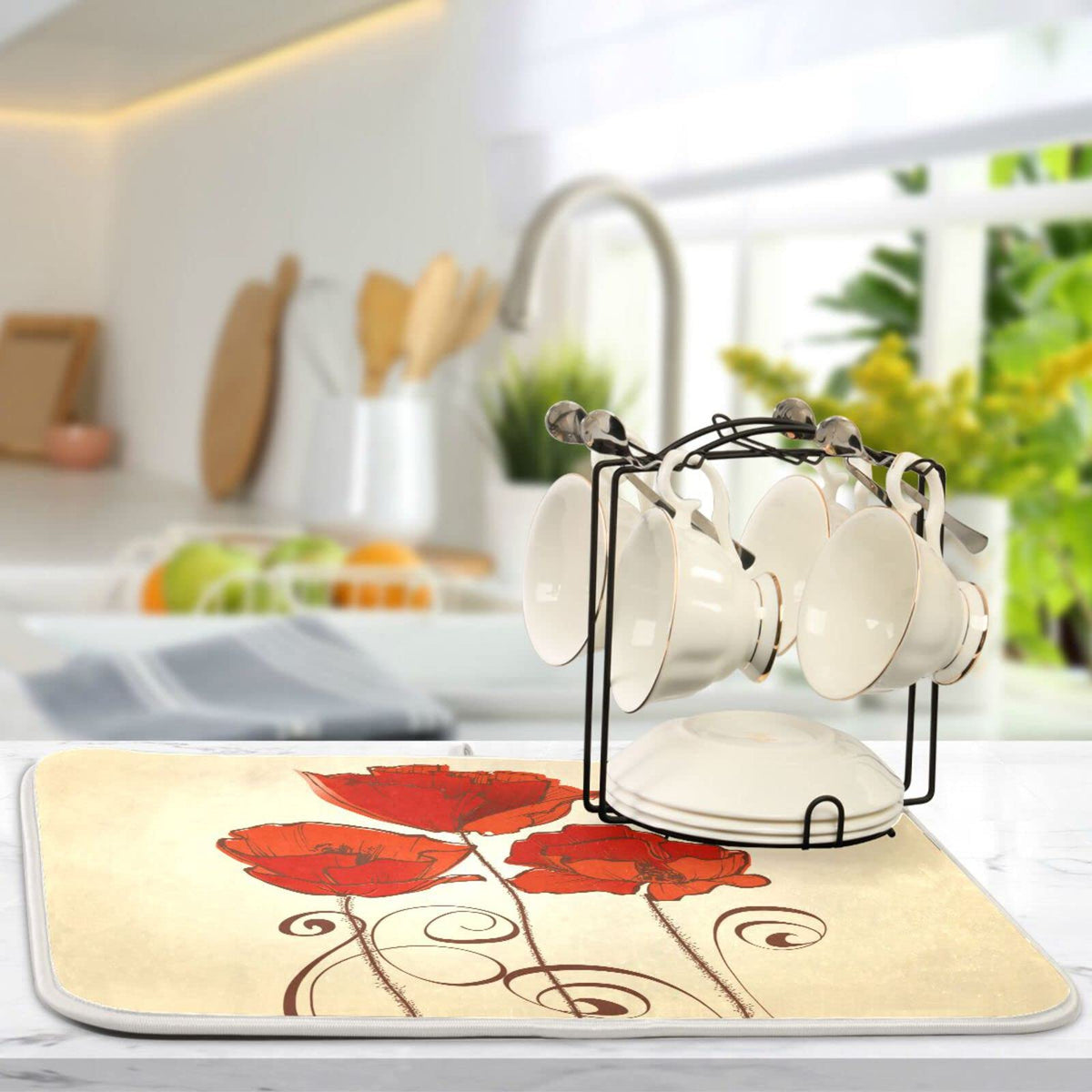 Super Absorbent Dish Drying Mat (Red Poppy Flowers Retro / 16" x 18")