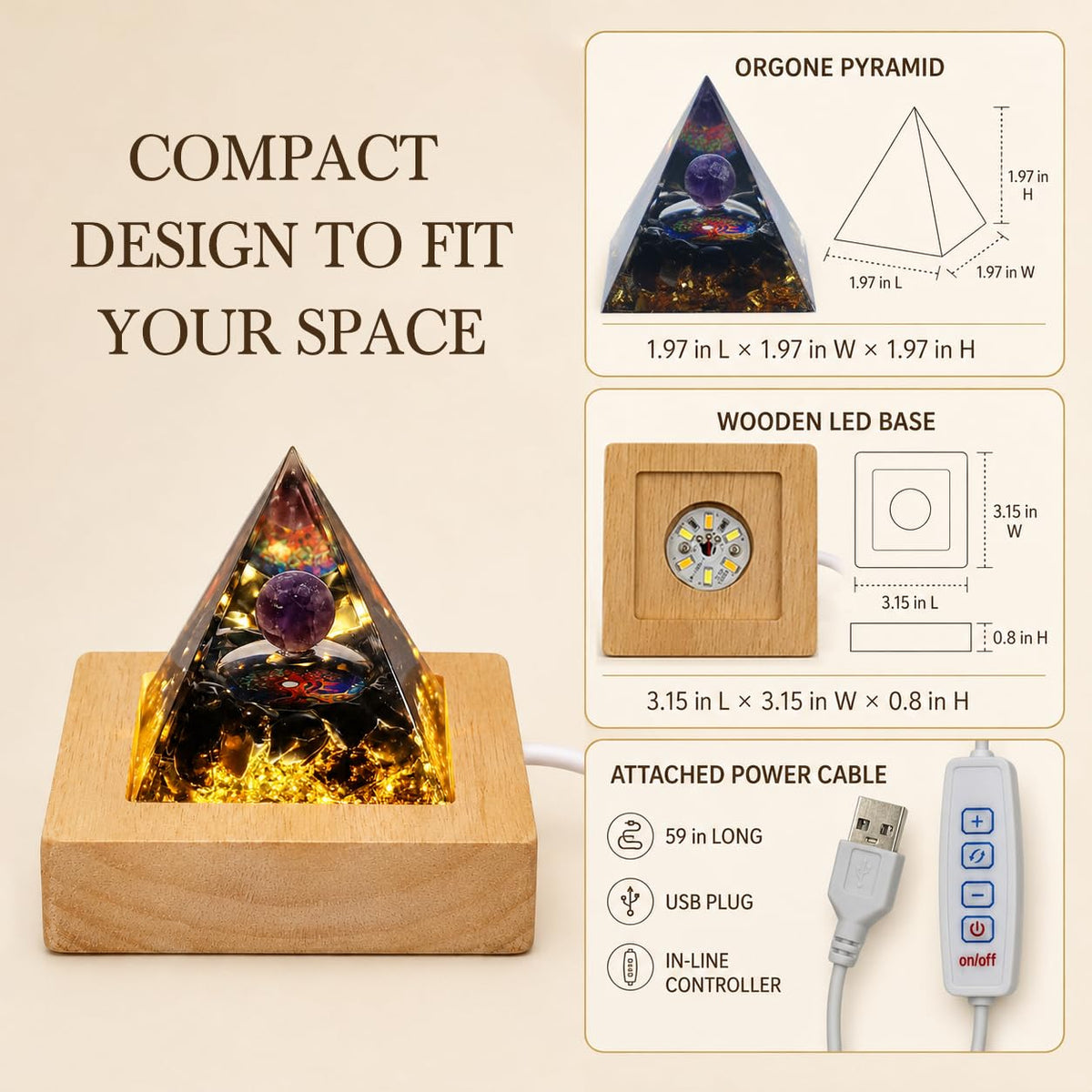 Orgone Pyramid Lamp with LED Wooden Base (Plug-in-Protective Shield)