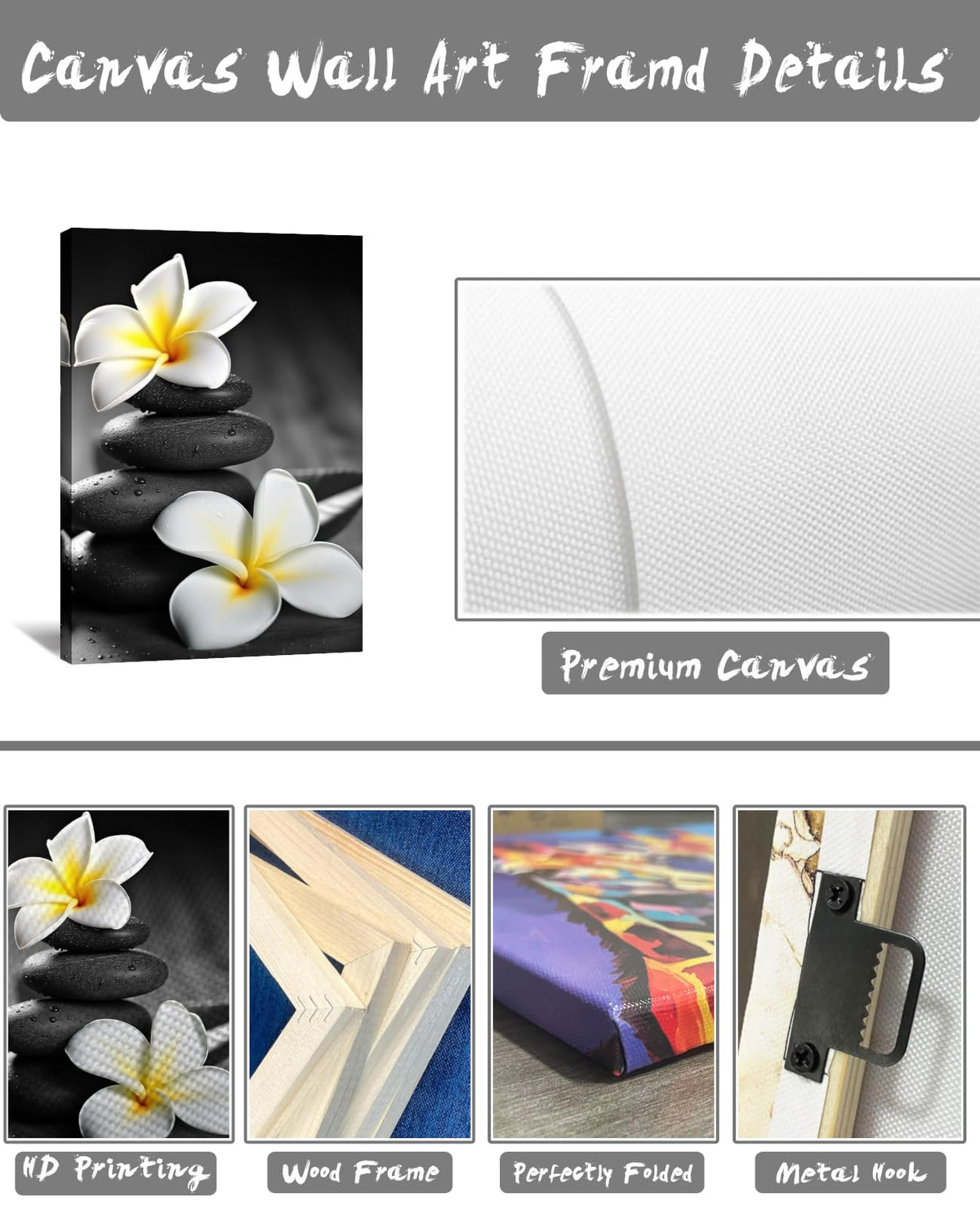 Zen Wall Art Black and White Picture Canvas Print Spa Stone Painting Frangipani Flower Poster Minimalism Artwork for Spiritual Room Bathroom Living Room Office Home Decor (18"L x 12"W / E - Black and White)