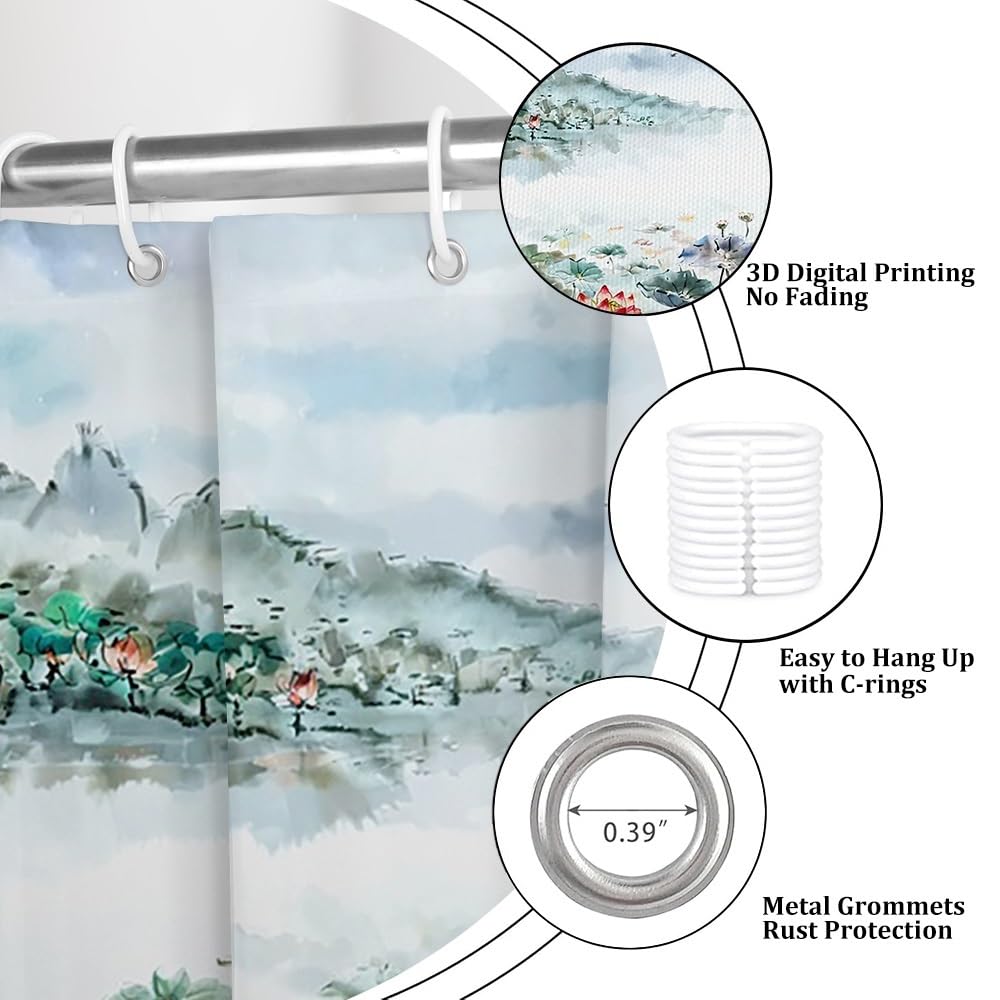Watercolor Lotus Shower Curtain Flower Plant Mountain River Wild Goose Bathroom Curtains Chinese Pastoral Landscape Ink Painting Lotus Green Decorative Fabric Shower Curtain Set with Hooks 54x72 Inch (54"W x 72"L (Pack of 1) / Green-12)