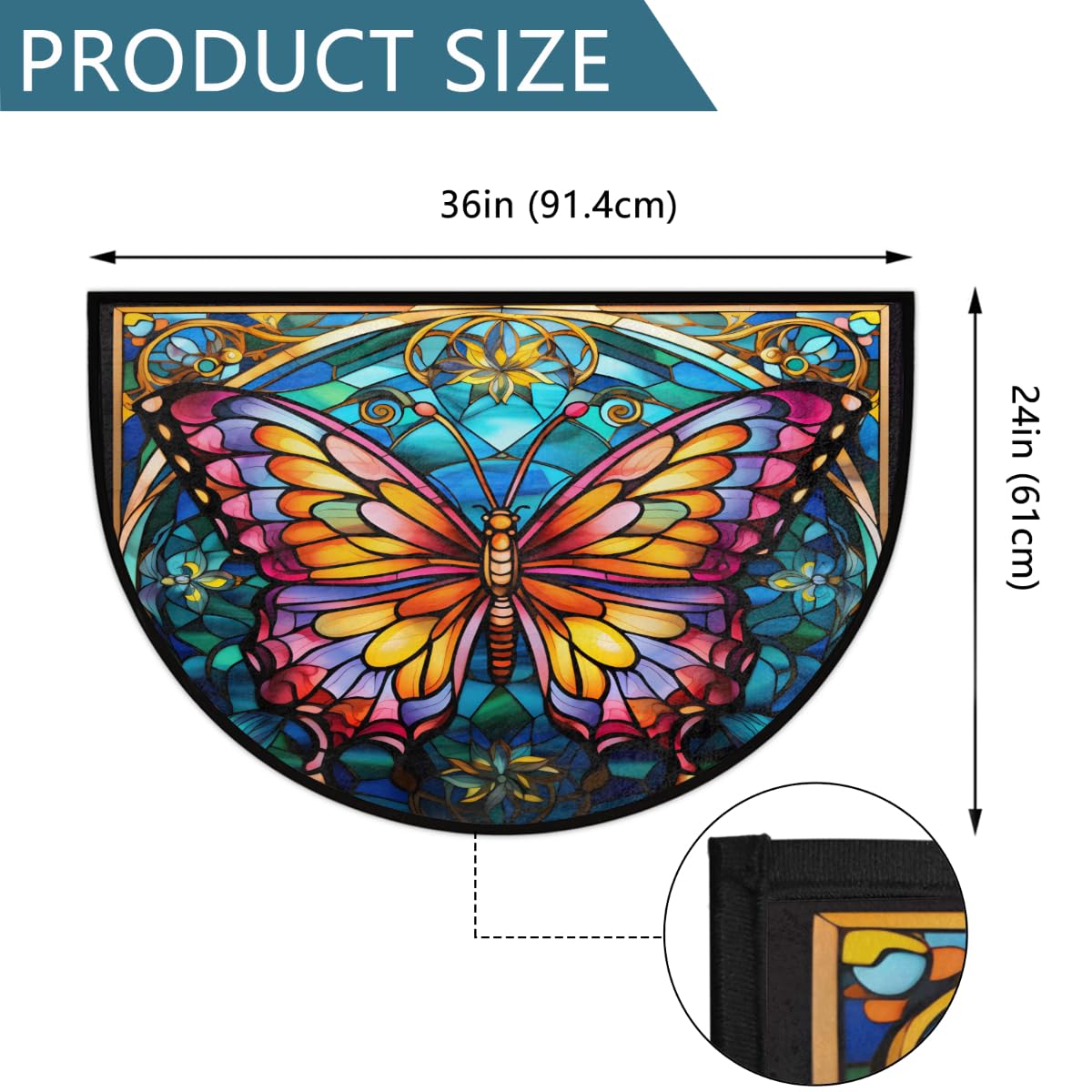 Half Round Doormat Butterfly Glass Semi Circle Rug Non Slip Indoor Outdoor Entrance Half Moon Rug Washable Front Floor Mat for Kitchen Bathroom Patio Fireplace Holiday Decor (A05:glass Butterfly)