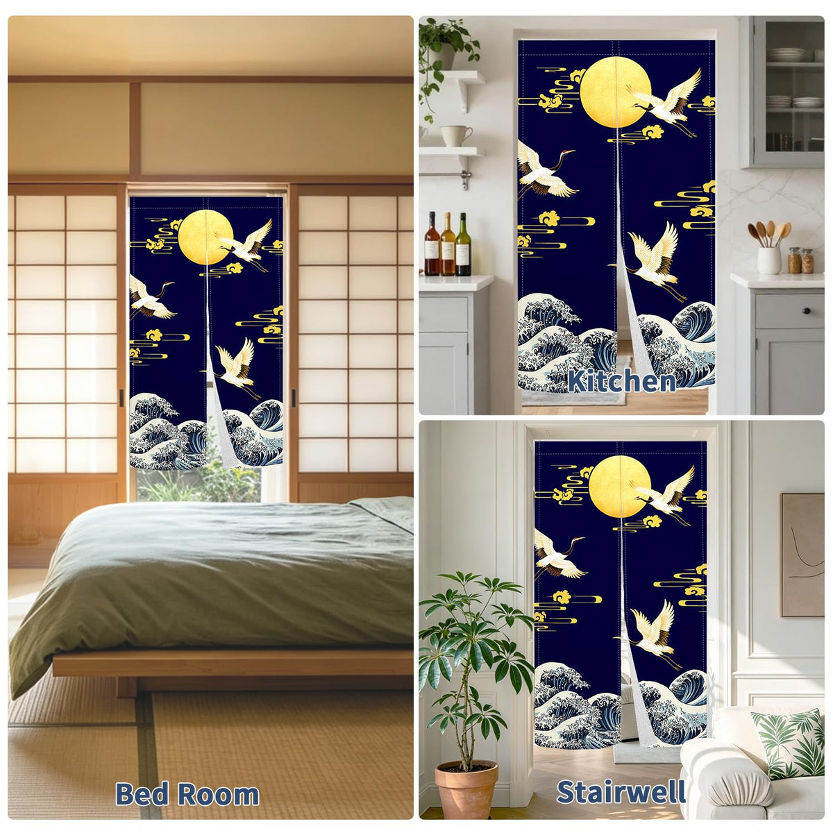Japanese Noren Doorway Curtain (Navy Crane Moon Wave)