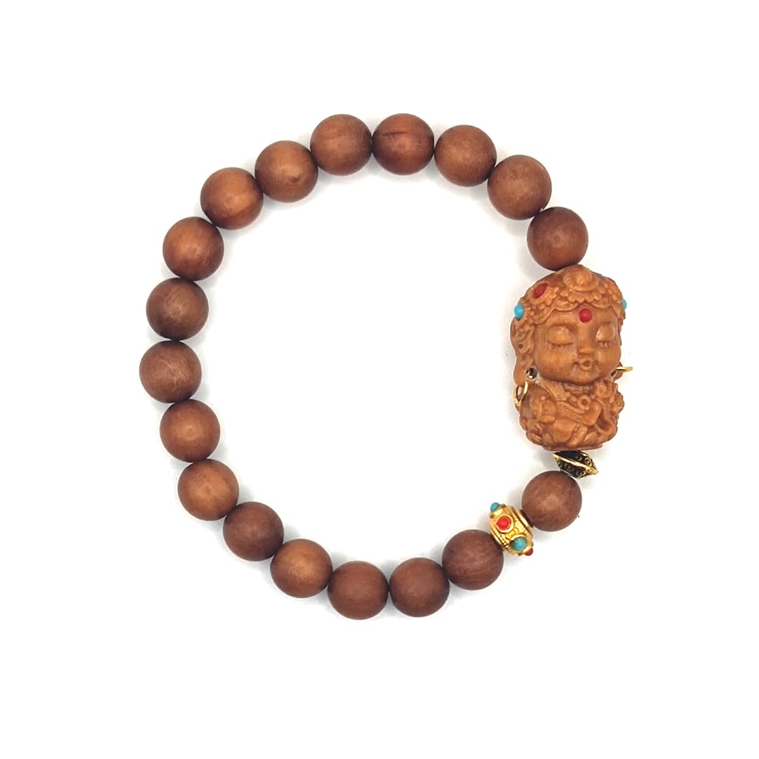 Unisex Teak Wood Prayer Beads Buddha Buddhist Bead Japa Mala Necklace Bracelet Bead (8mm x 18 beads+GuanYin)