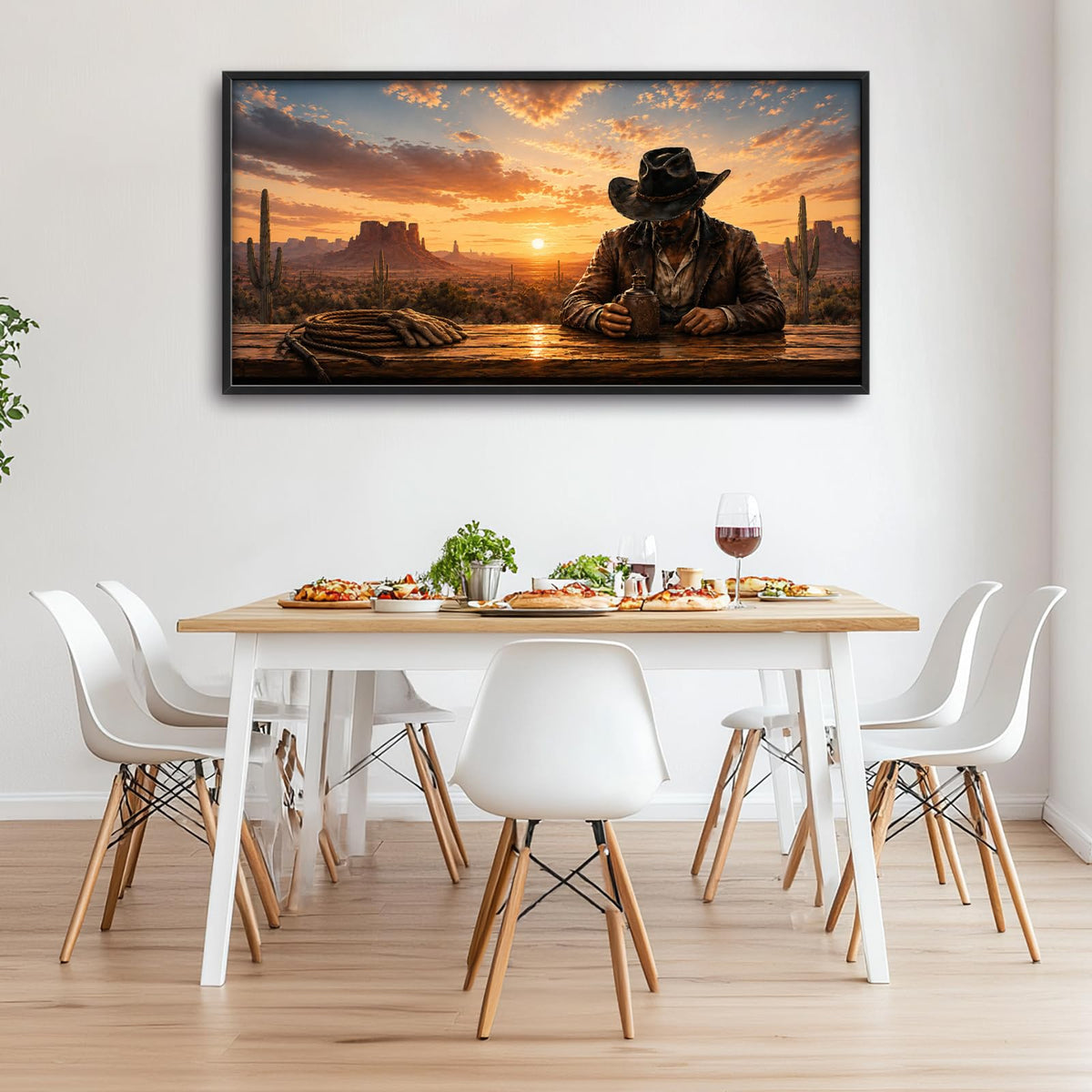 Large Framed Western Cowboy Wall Art Coffee Sunset Decor 60"x30" (Western Cowboy / 60"L x 30"W)