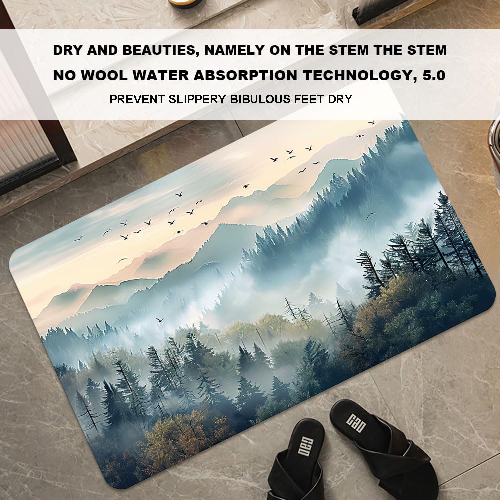 Bath Mat Super Absorbent Quick (Beautiful Misty Forest- / 16 x 24 inches)
