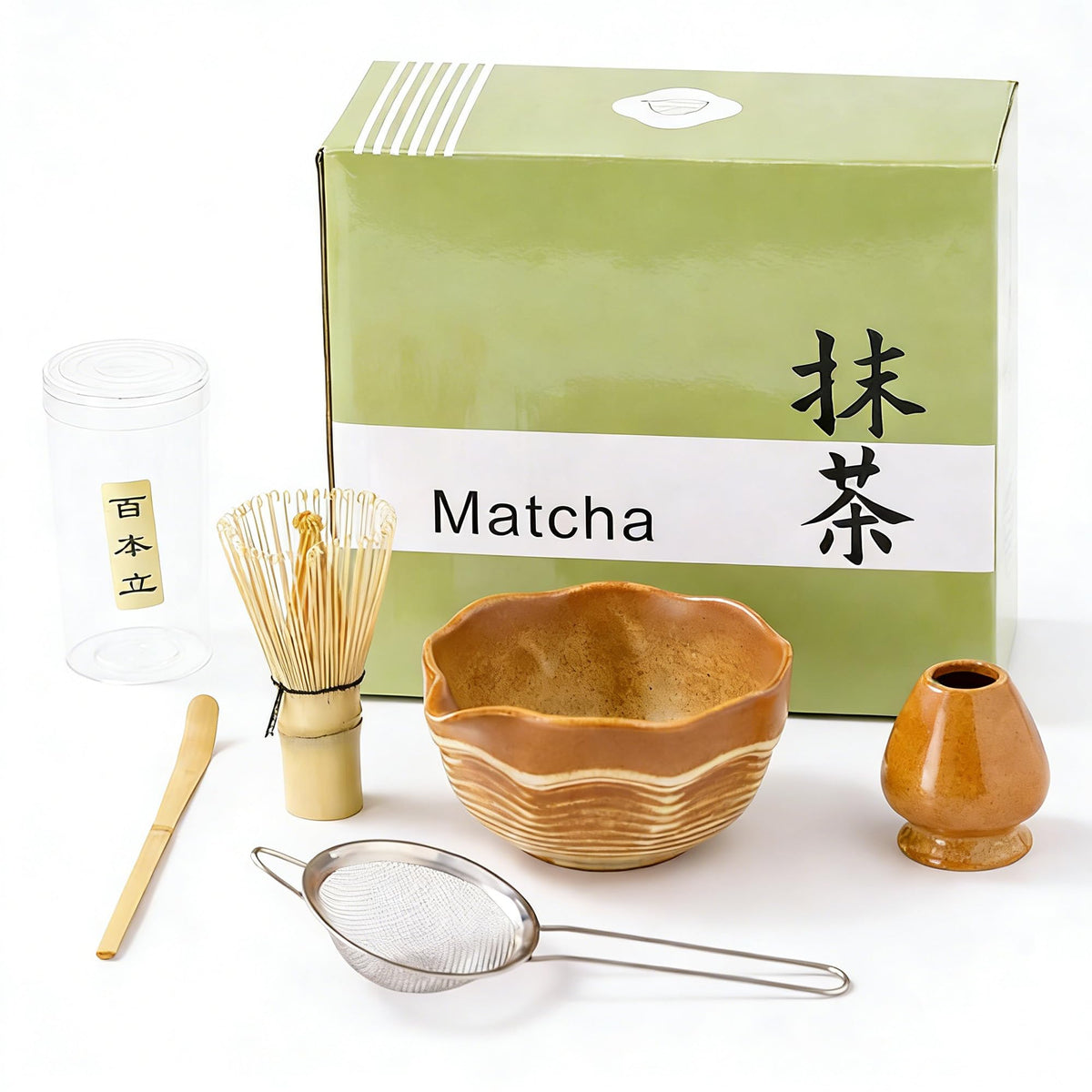 Matcha Bowl Set with Bamboo Whisk (tan yellow (with a textured finish of light and dark gradients）)