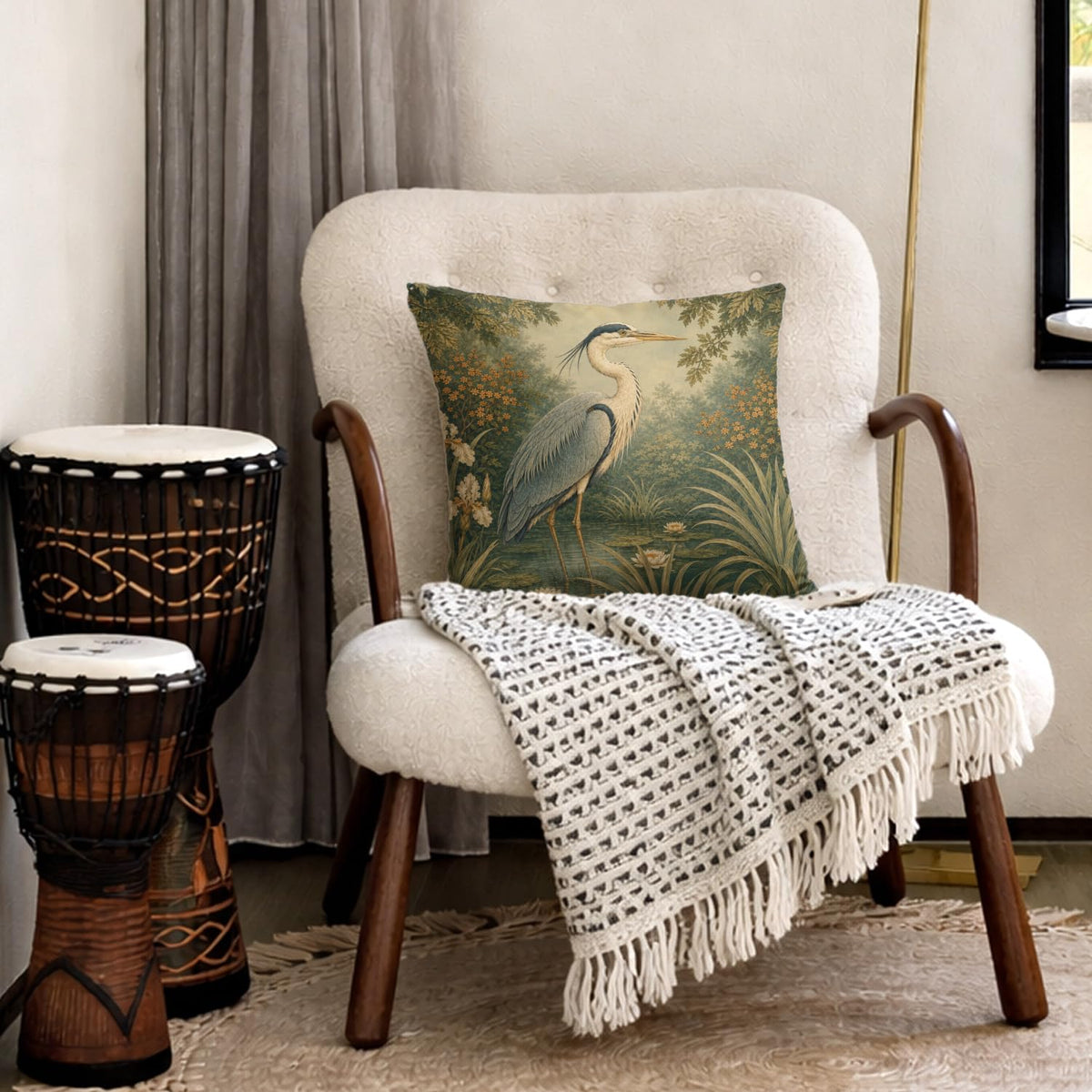 Vintage Floral Great Blue Heron Bird Pillow Cover 18x18 (White-blue Heron Bird 20)