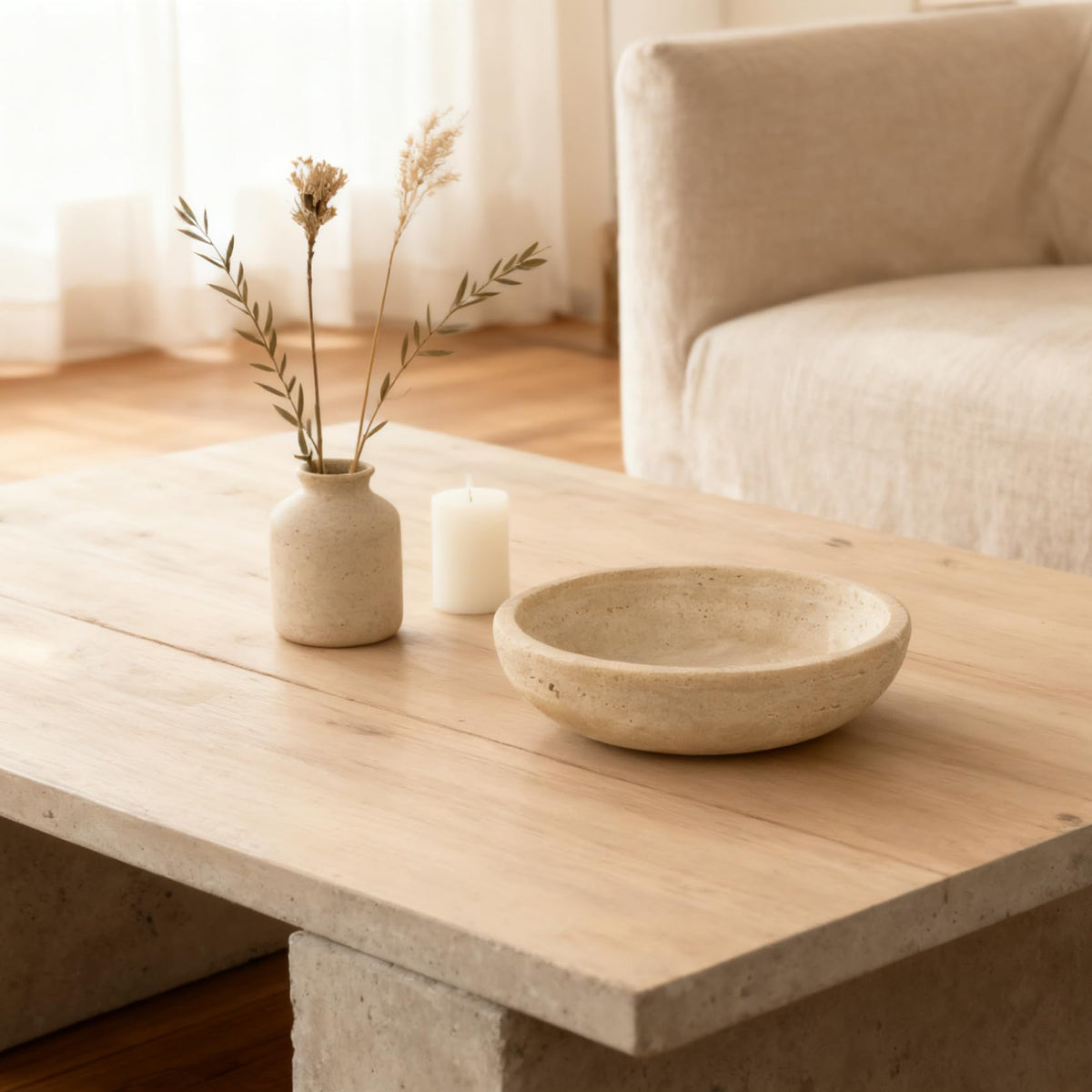 Handmade Travertine Stone Bowl (Beige)