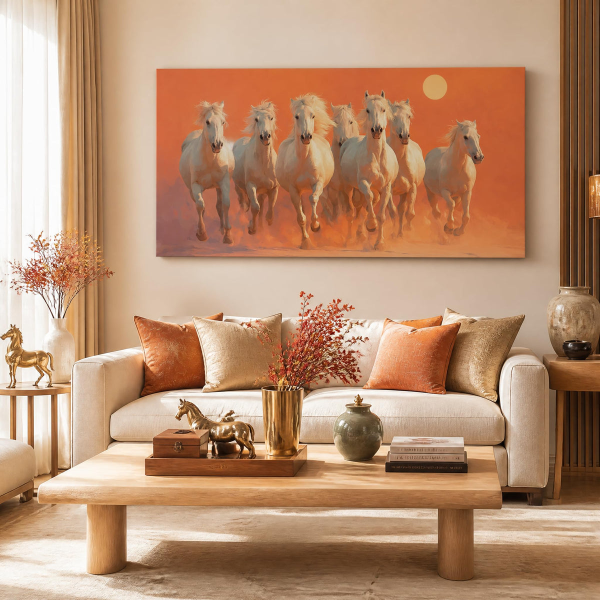 Seven White Horses Canvas Wall Art Feng Shui Running Horse Painting Print Gallery Wrapped Orange Sunset Animal Artwork for Living Room Bathrrom Bedroom Decor (Wildlife / White Horses 1 / 40"L x 20"W)