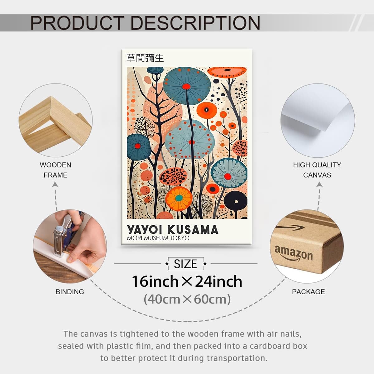 Yayoi. Kusama Framed Canvas Wall Art Vintage Japanese Painting Posters Tokyo Aesthetic Prints Infinity Dots Picture Modern Ukiyo (Wrapped Canvas / Japanese Art 009 / 24"L x 16"W)