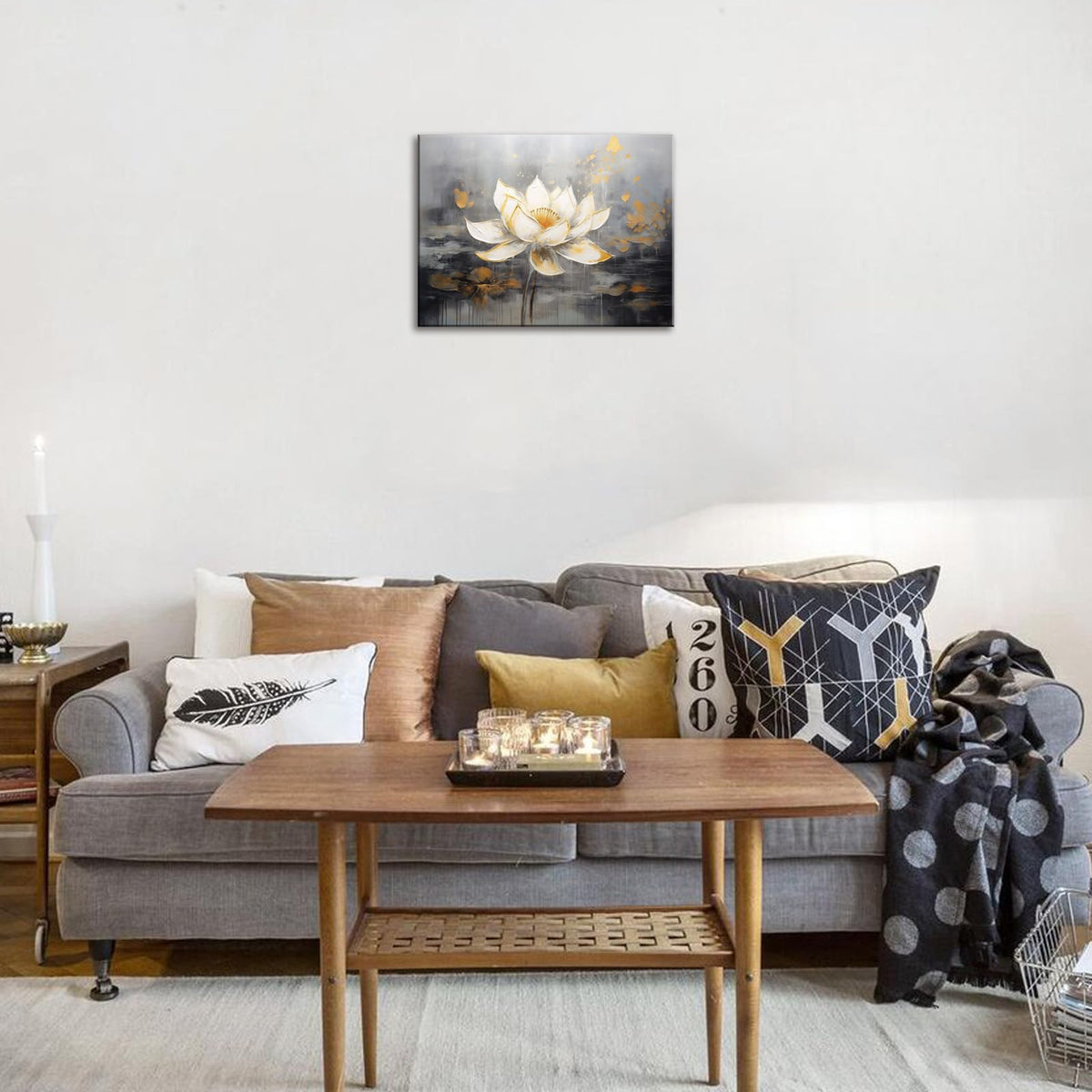 Lotus Flower Canvas Wall Art White Floral Picture Wall Decor Zen Flower Bloom Floral Wall Decor Meditation Painting for Yoga Spa Meditation Spiritual Room Ready to Hang (24"L x 16"W / Lotus 05)