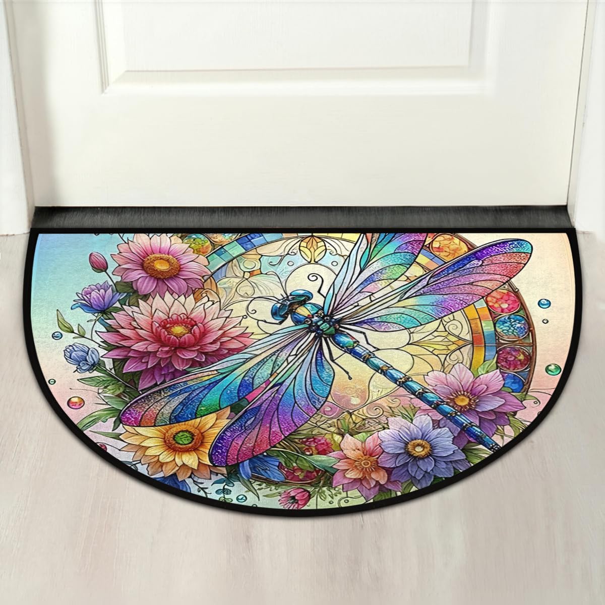 Colorful Dragonfly Flower Half Round Mat Half Moon Door Rug Washable Durable Semi Circle Carpet Floor mats for Indoor Outdoor Bathroom Kitchen Patio Hearth Rug Laundry Room Home Decoration (D 020)
