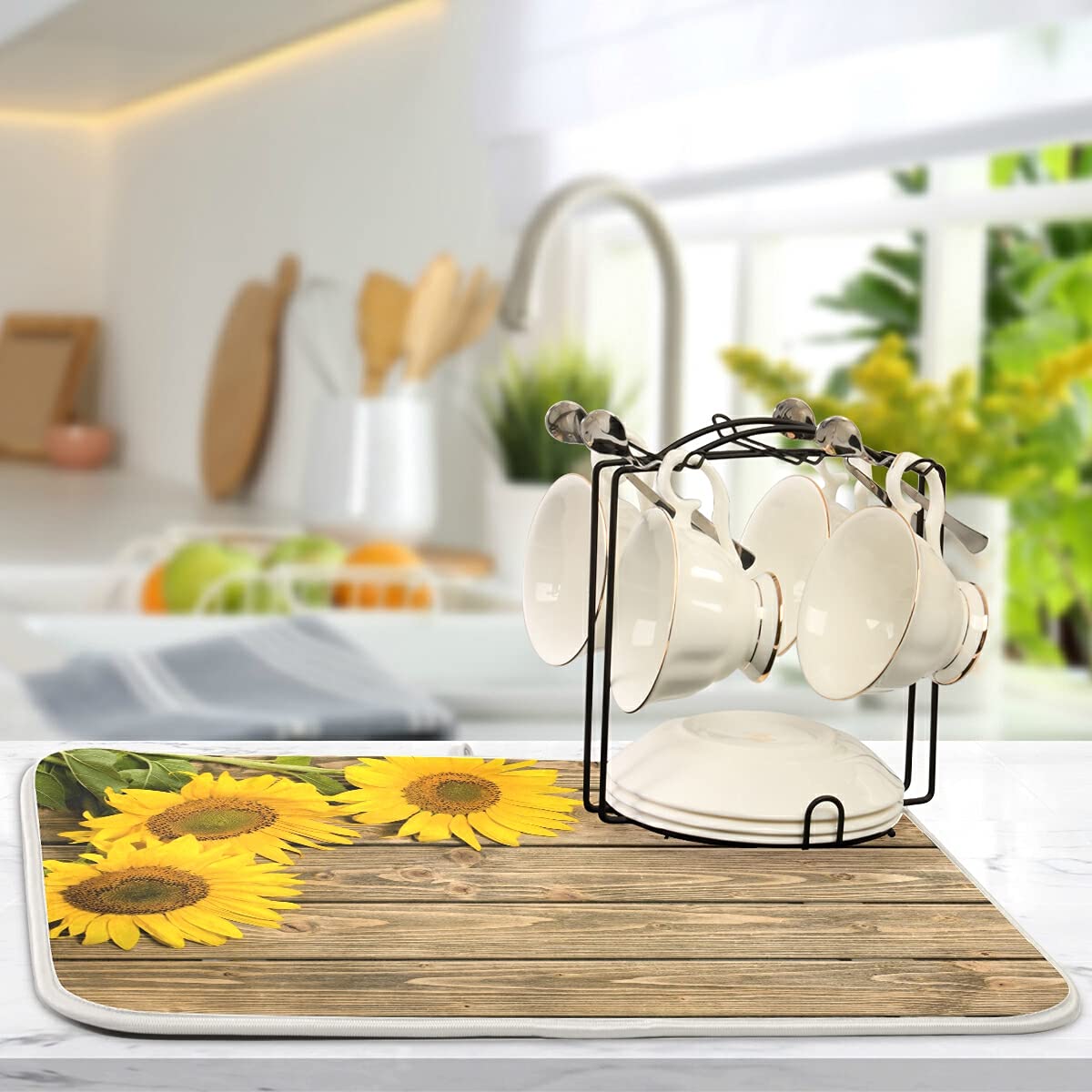 Super Absorbent Dish Drying Mat (Sunflowers On The Wooden / 18" x 24")