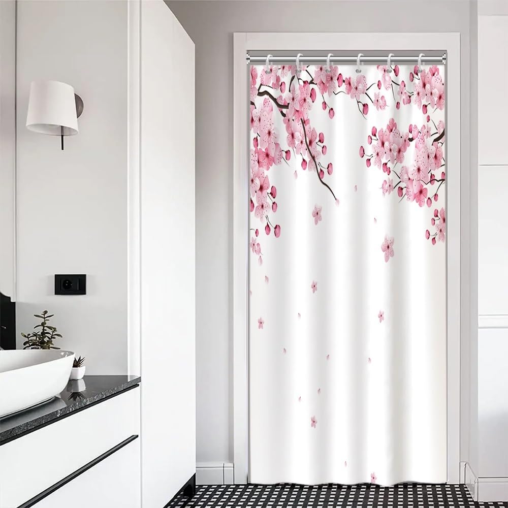 Pink Cherry Blossom Shower Curtains for Bathroom Watercolor Spring Floral Shower Curtain Sets Janpenese Asian Style Shower Curtain Bathroom Curtains Set with Hooks 48x72 Inch (48"W x 72"L (Pack of 1) / Pink-33)