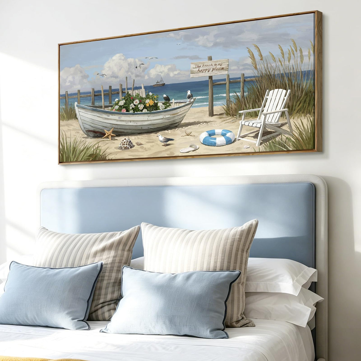 Large Framed Modern Canvas Wall Art (Seaside Boat Wall Art / 48"Lx24"W（Framed）)
