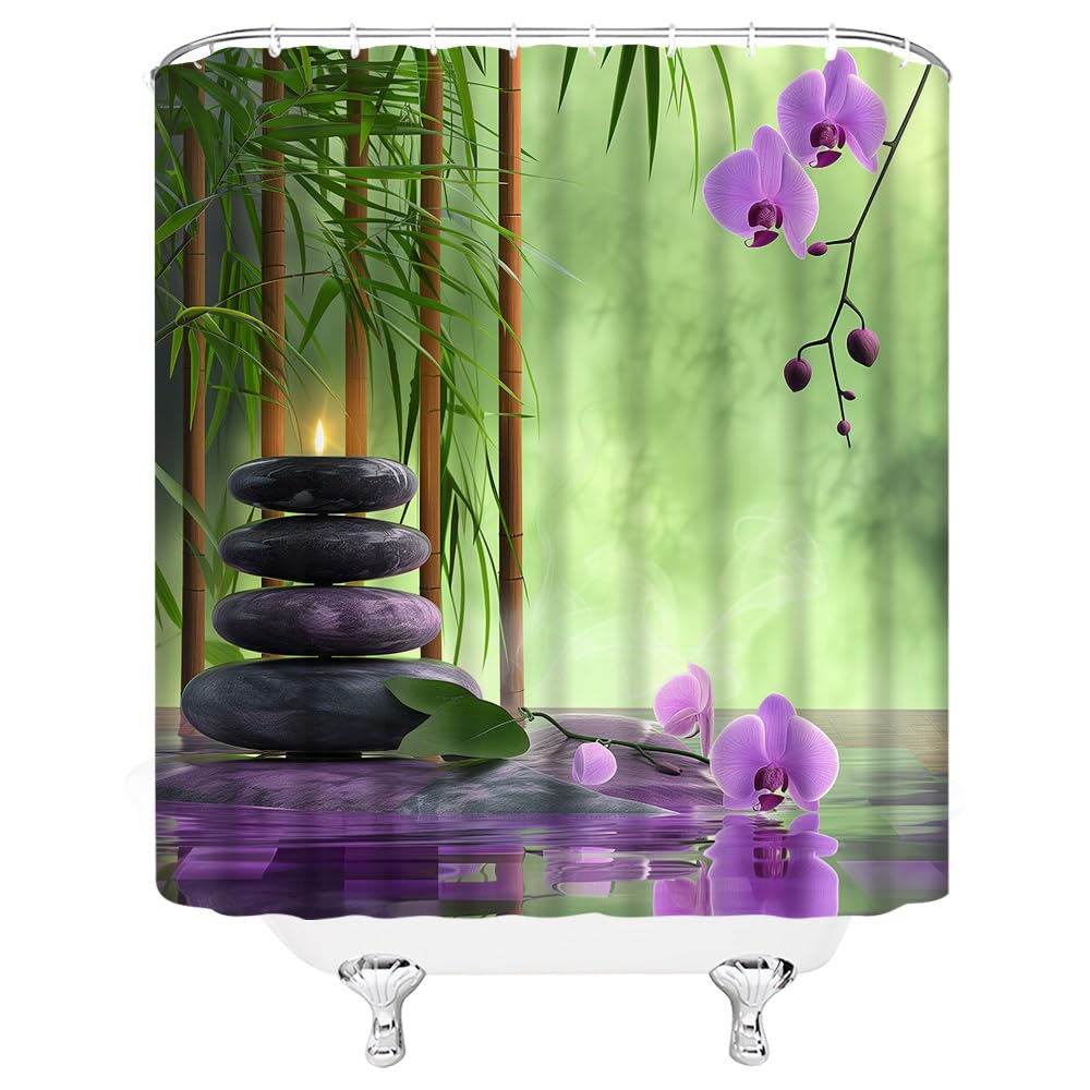 Zen Garden Shower Curtain Spa Green Bamboo Black Stone Purple Floral Leaf Water Nature Japanese Asian Small Stall Bathroom Home Curtain Decor with Hooks (Green Purple / 47"W x 70"L (Pack of 1))
