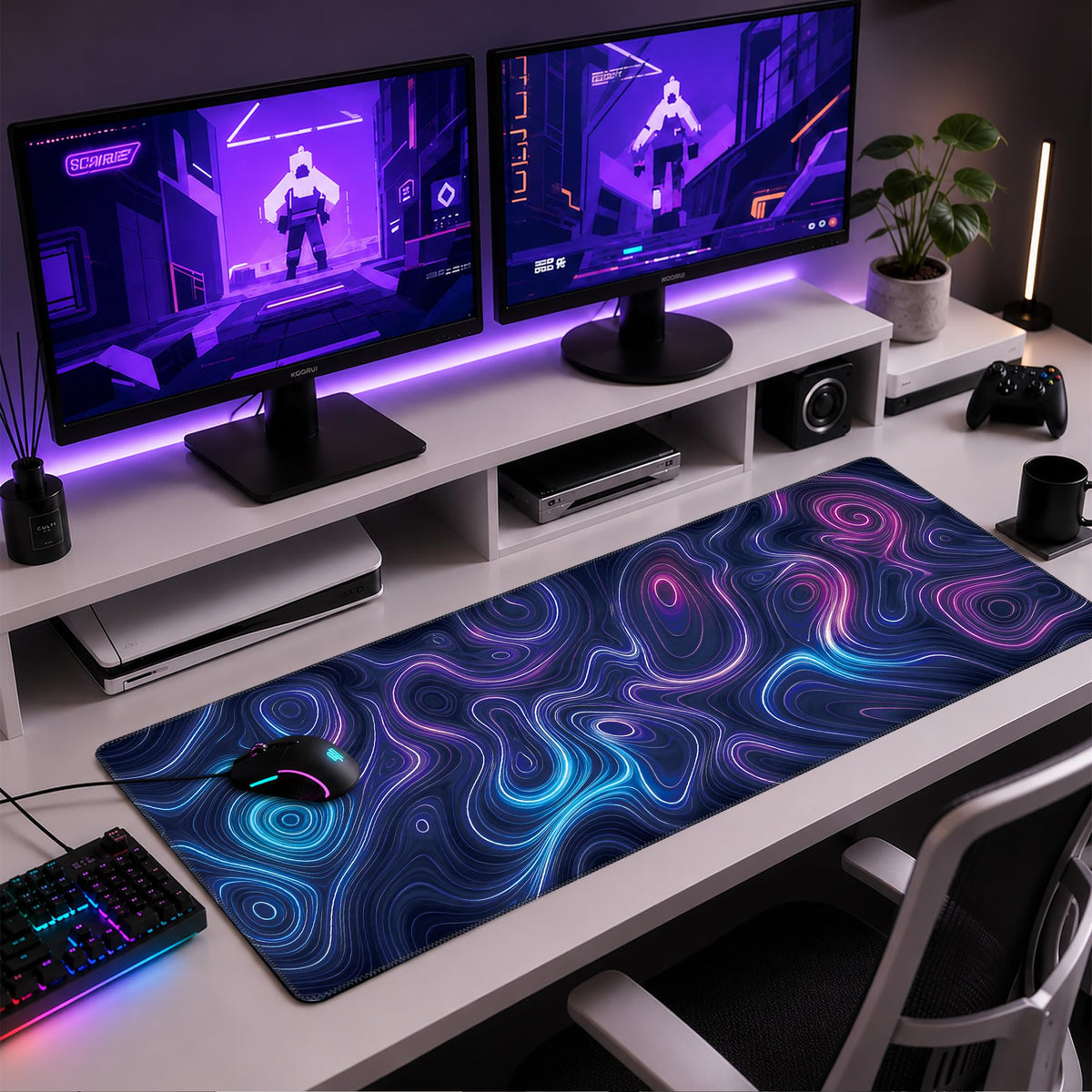 Blue Purple neon Terrain Extended Gaming Mouse pad (Blue-purple neon terrain / 35.4L x 15.7W inches)