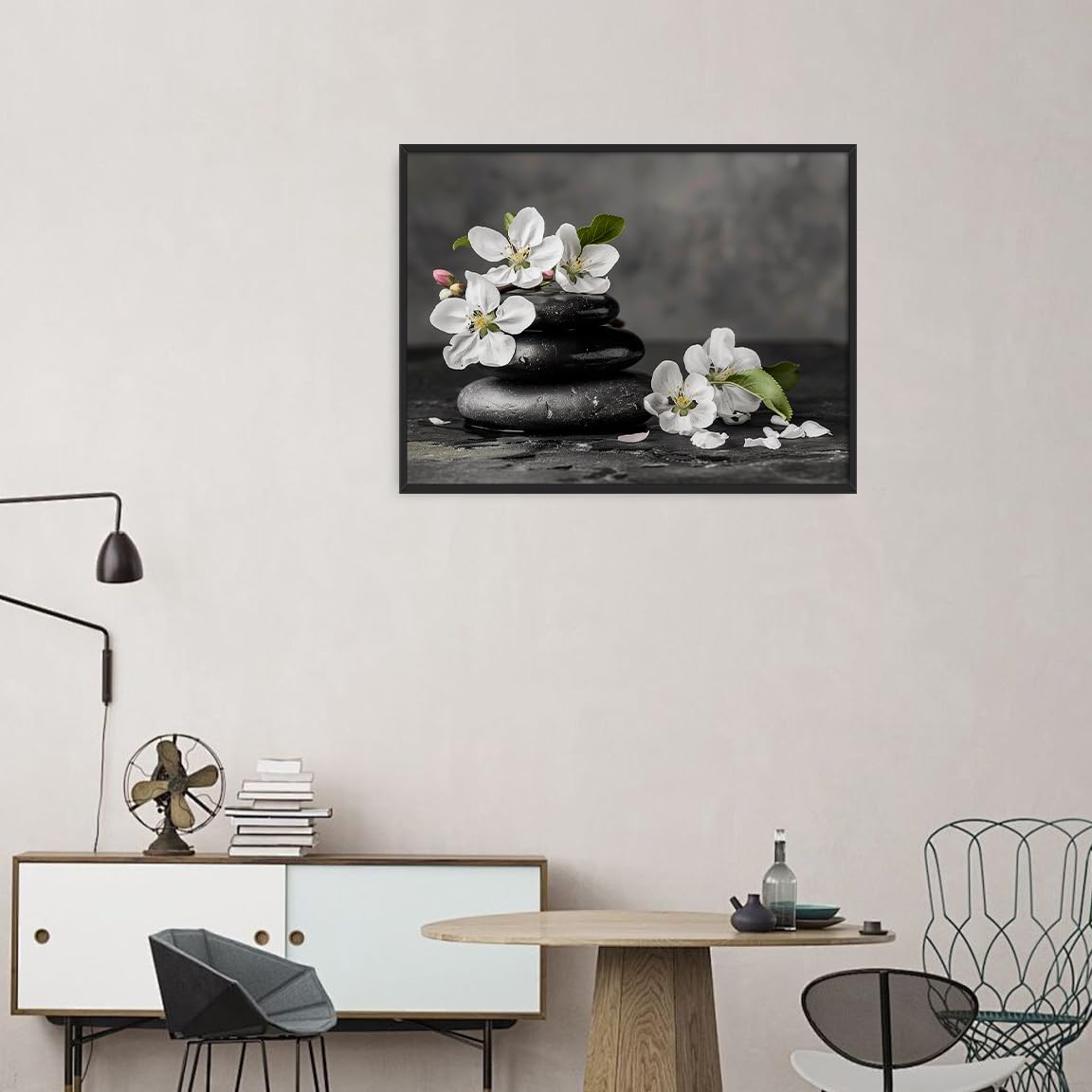 Zen Black Stones and White Flowers Wall Art (Black Aluminum Frame-9 / 20"L x 30"W)